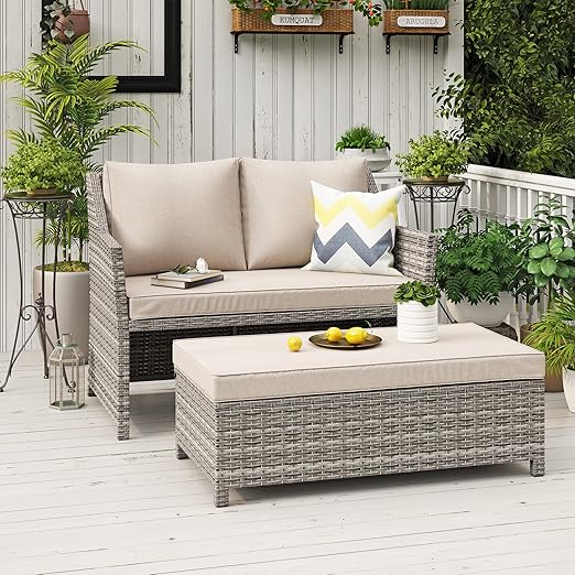 2-Piece Outdoor Wicker Loveseat and Coffee Table Set with Storage