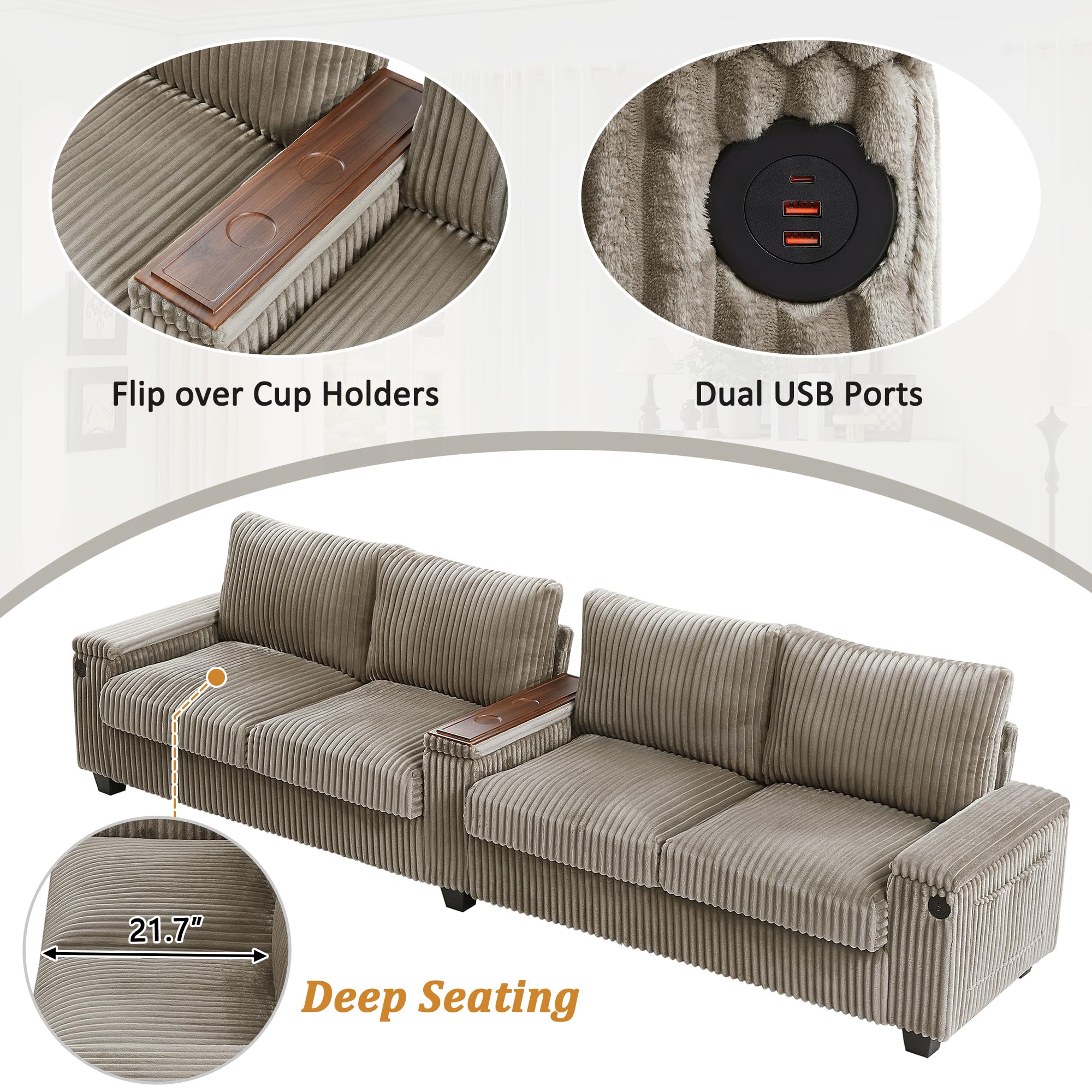 4-Seater Corduroy Sofa with USB Ports and Storage