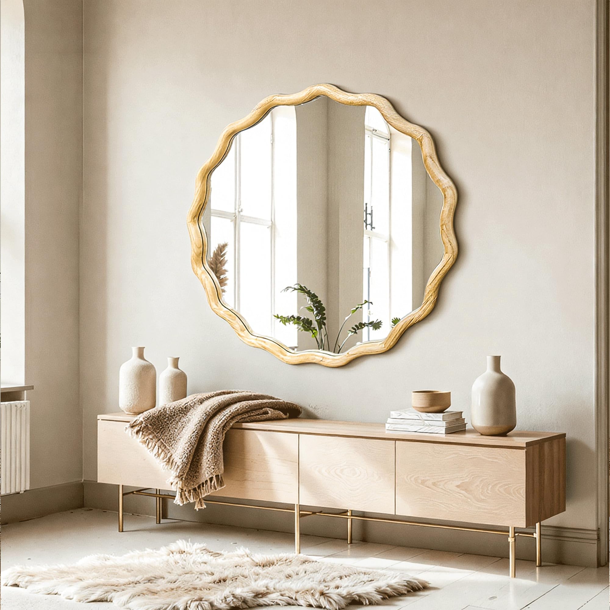 24" Wavy Round Wood Mirror
