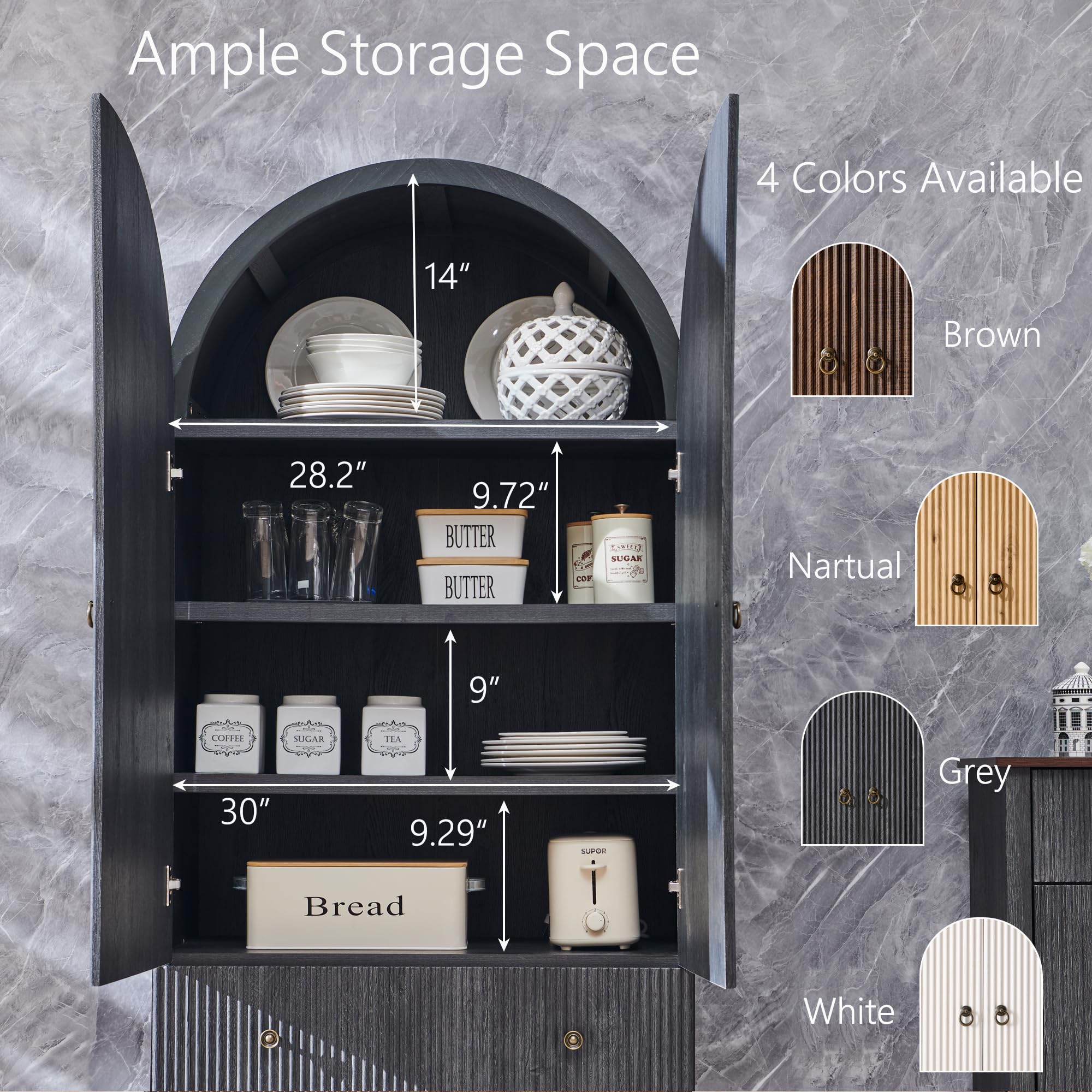 Arched Fluted Pantry Cabinet with Adjustable Shelves