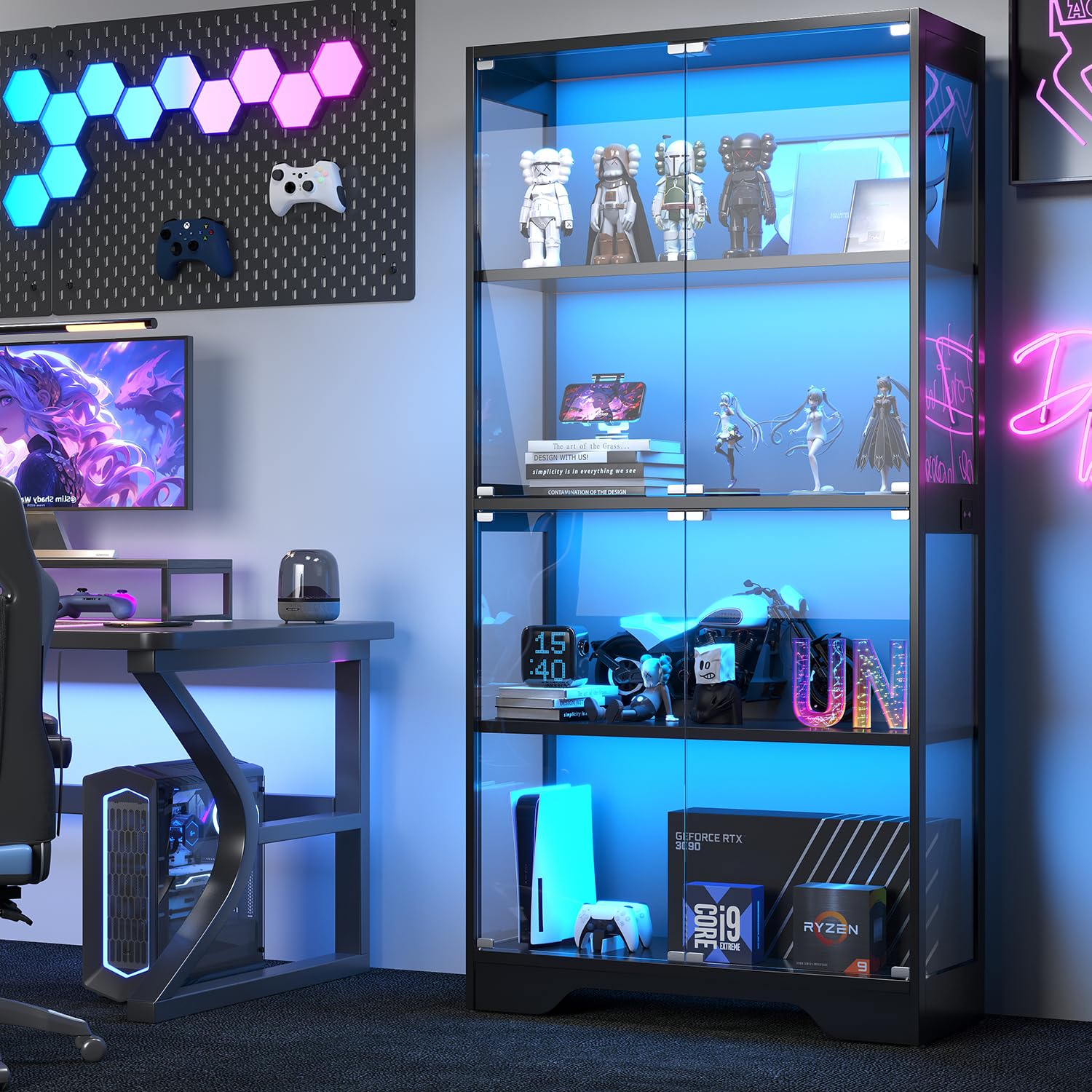 63" Glass Display Cabinet with Human Sensor RGB LED & 4-Tier Wood Shelves