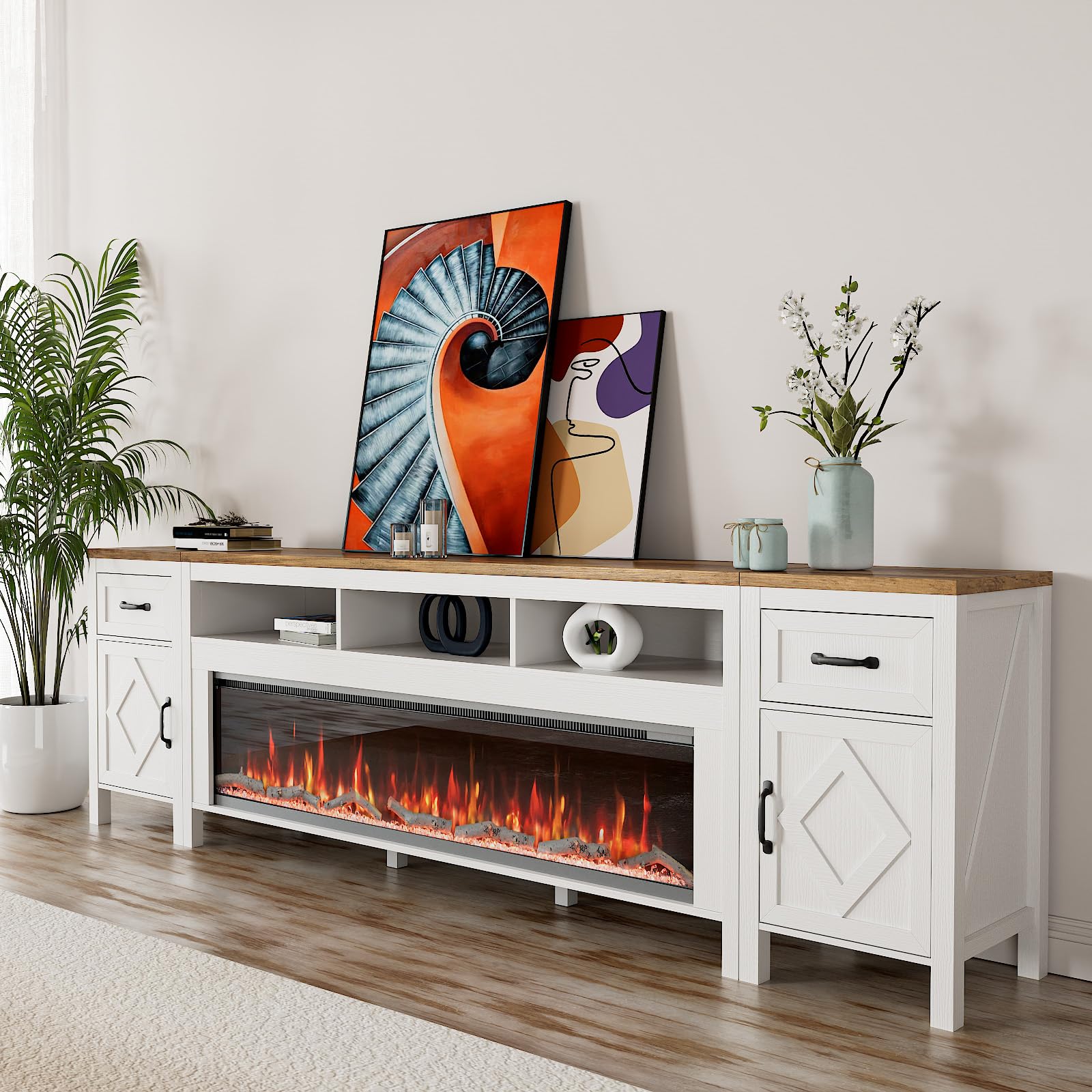 98 Inch Fireplace TV Stand with Electric Fireplace and Storage