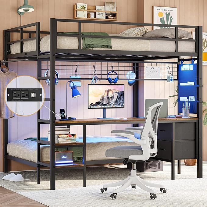 Full Over Twin Bunk Bed with Desk and Charging Station