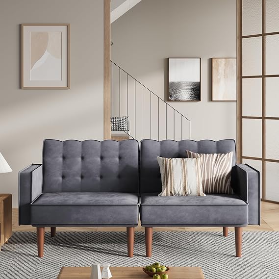 71" Velvet Futon Sofa Bed with Adjustable Backrest