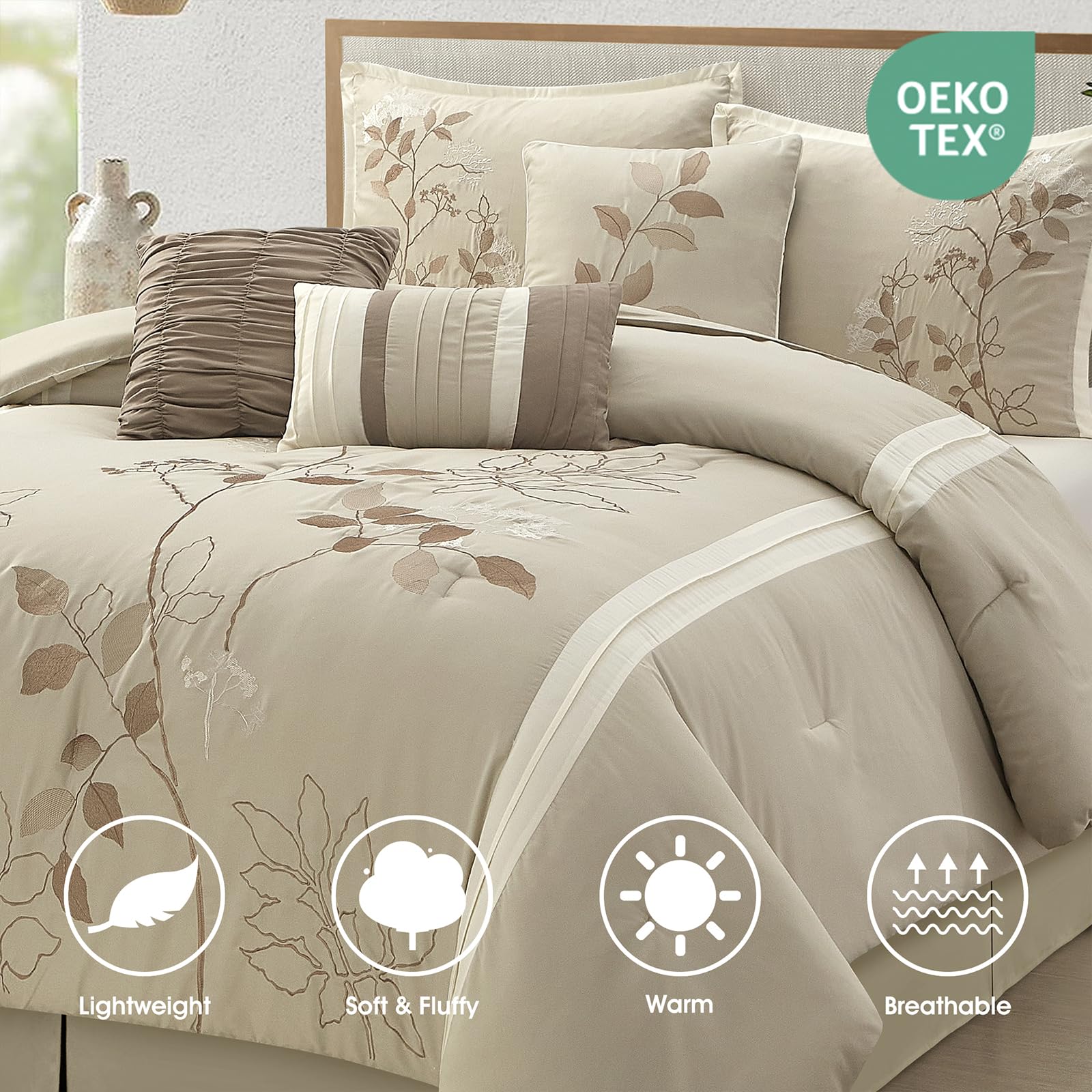 7-Piece Queen Comforter Set with Floral Embroidery