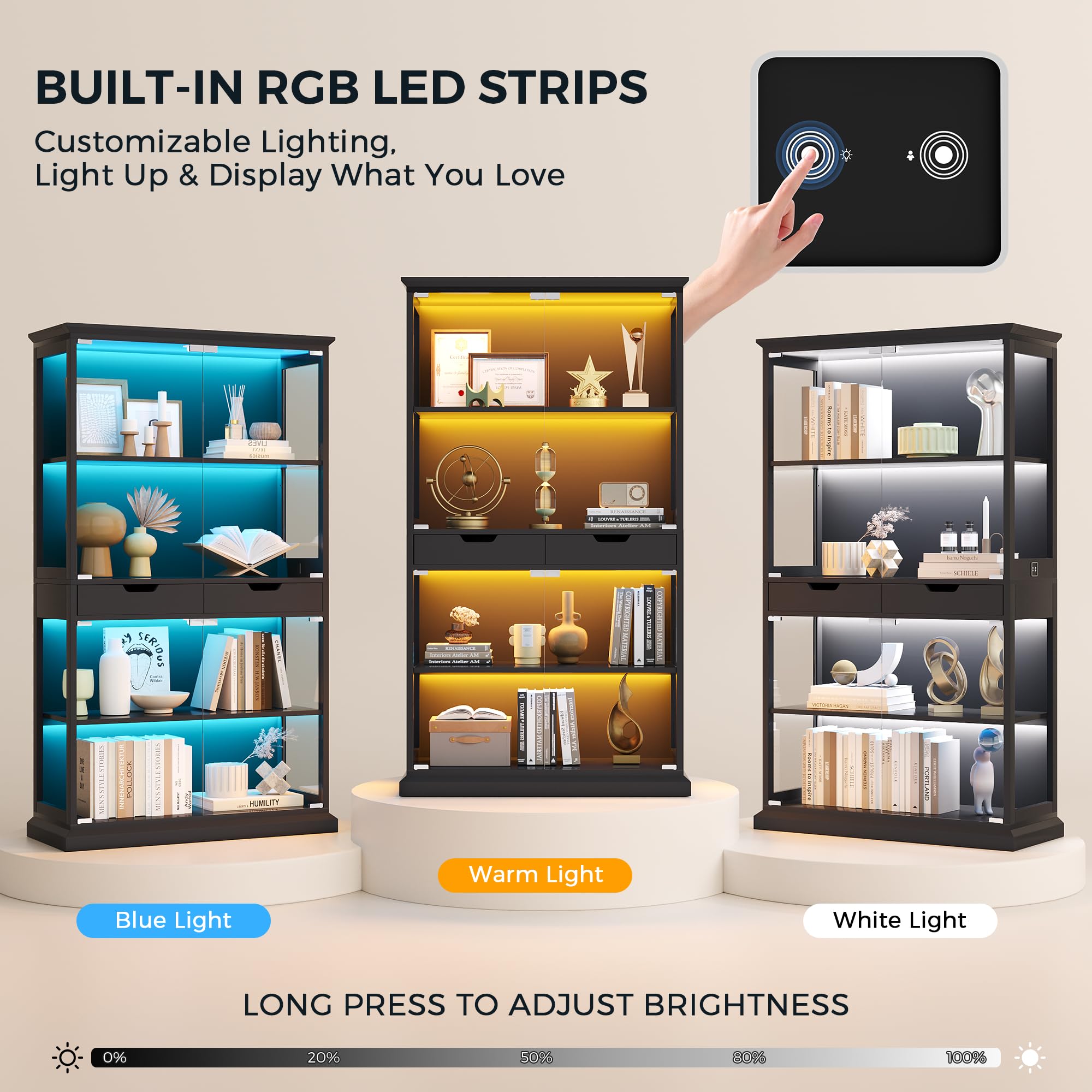 68" Glass Display Cabinet with RGB LED, Human Sensor & 2 Drawers