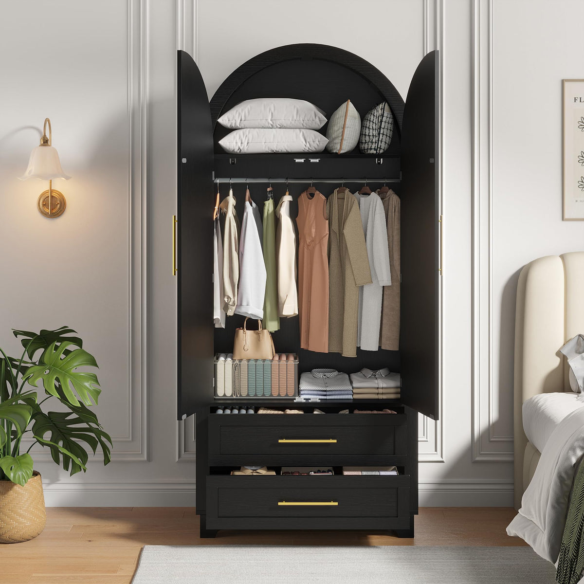 Modern Wardrobe Closet with 2 Drawers and Arched Doors