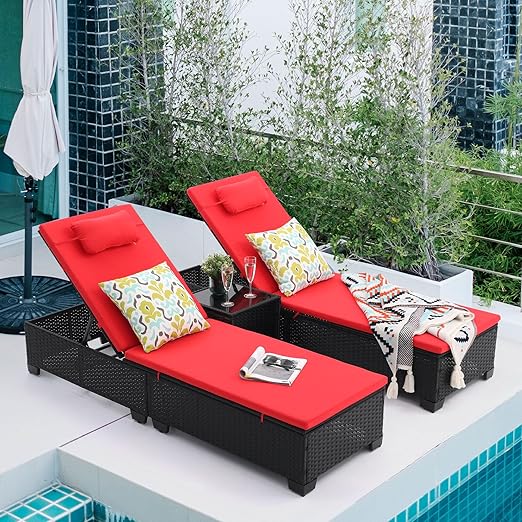 Patio PE Wicker Chaise Lounge Set with Table - Green