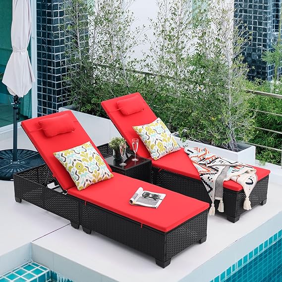 Outdoor Patio Wicker Chaise Lounge Set of 3 with Adjustable Backrest and Table