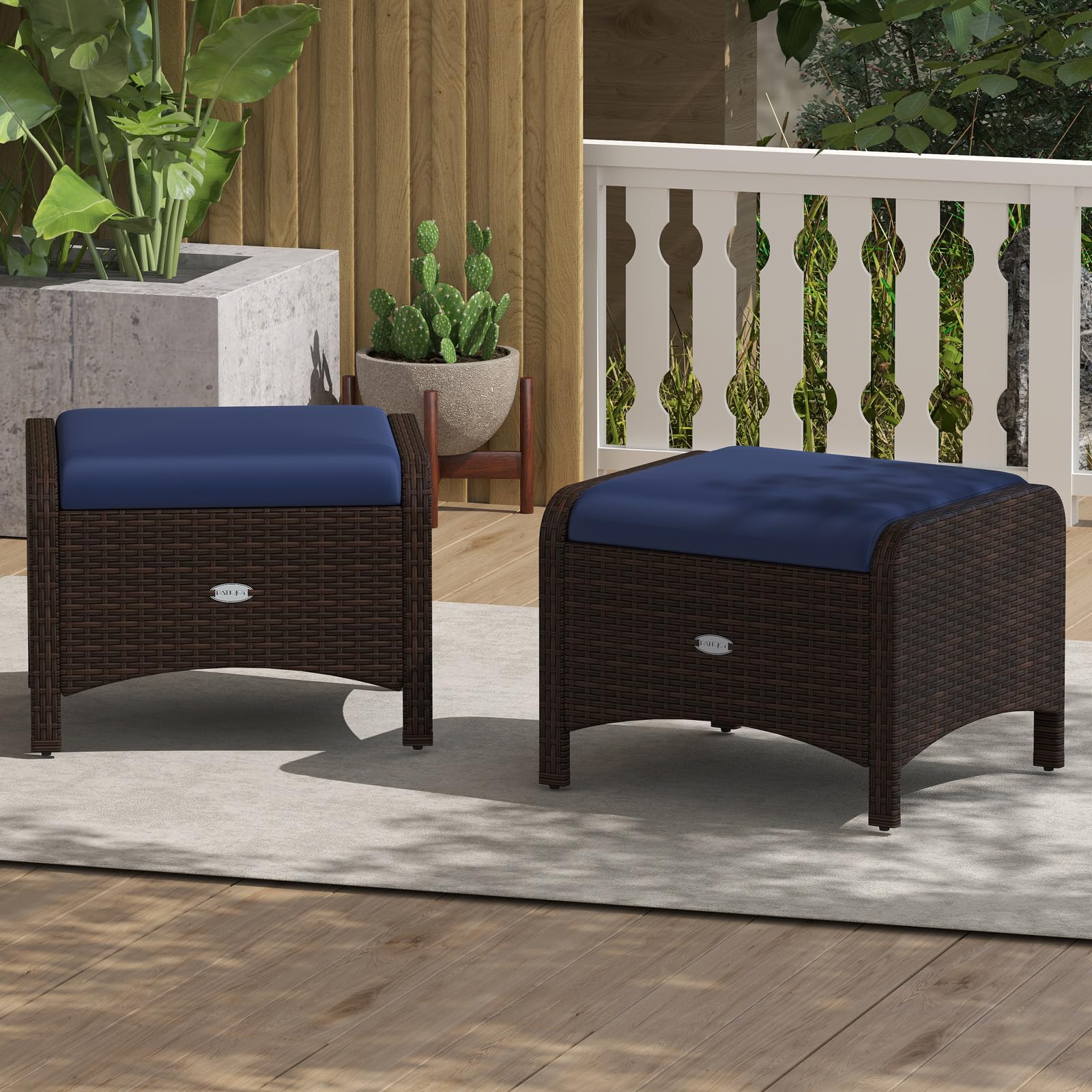 Wicker Outdoor Ottomans Set of 2 with Removable Cushions