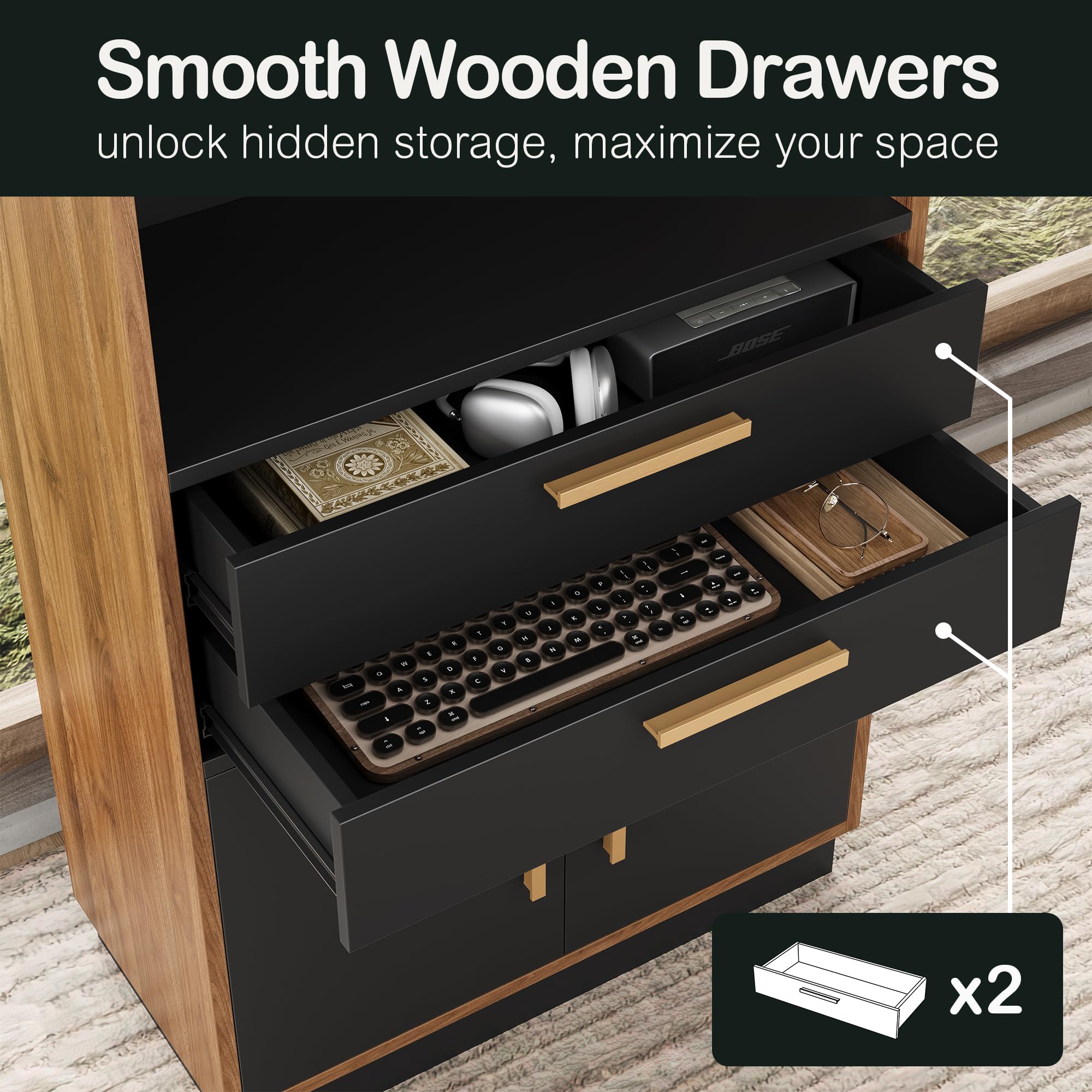 Wood Bookcase with 2 Drawers and Doors