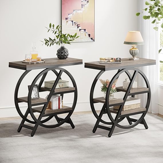 3-Tier Faux Marble End Table Set of 2 with Storage