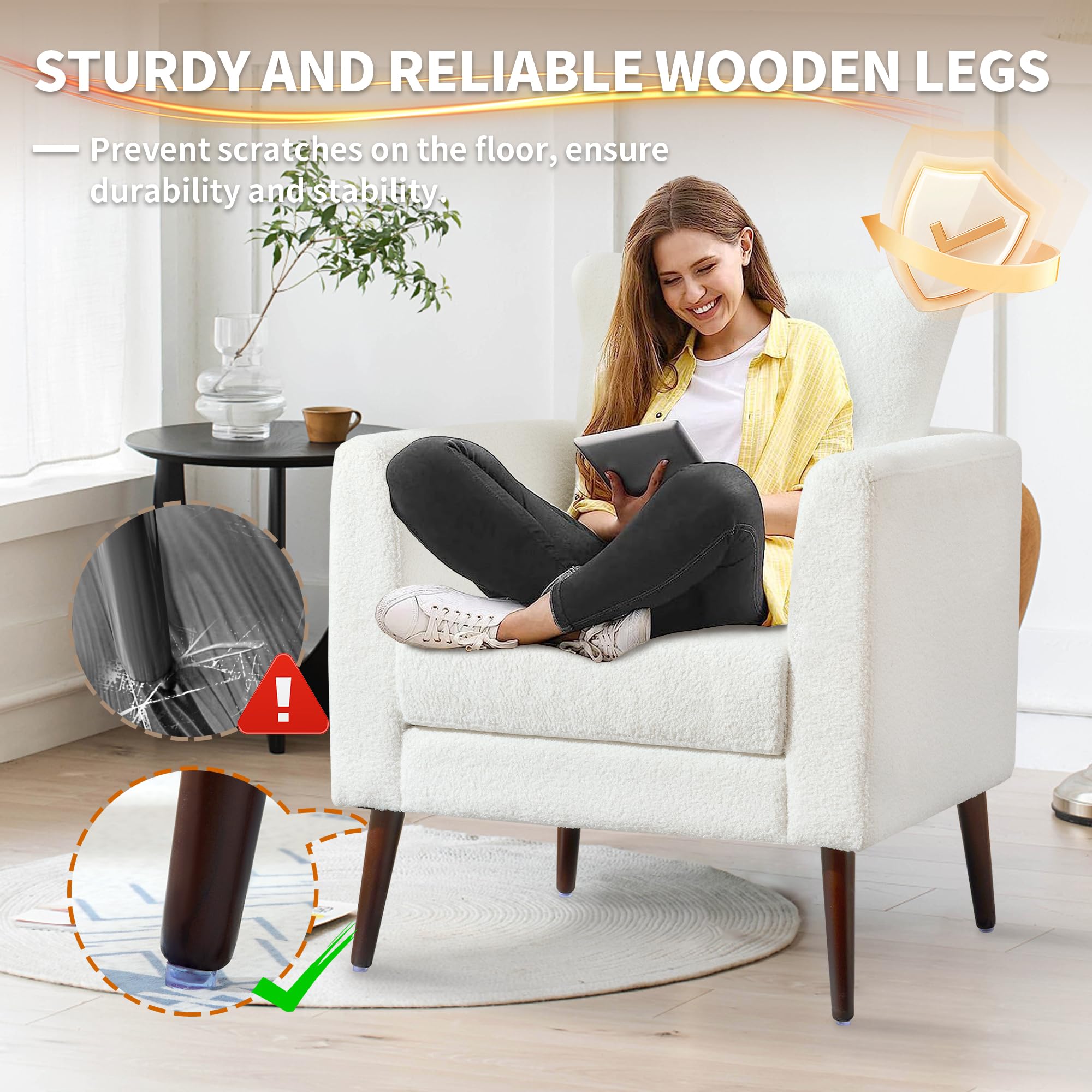 White Chenille Accent Chair with Wood Legs