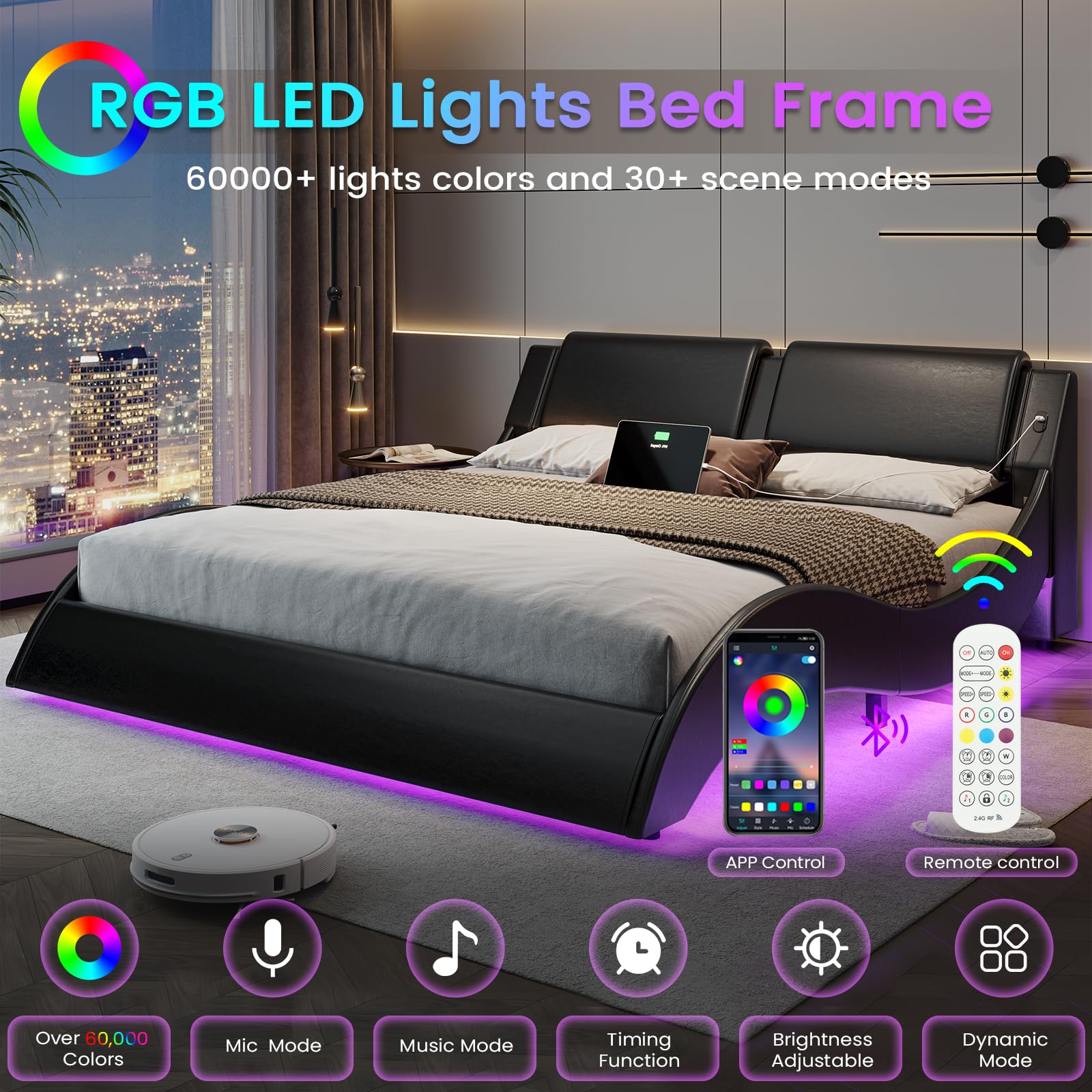 Queen Bed Frame with LED Lights and Charging Ports