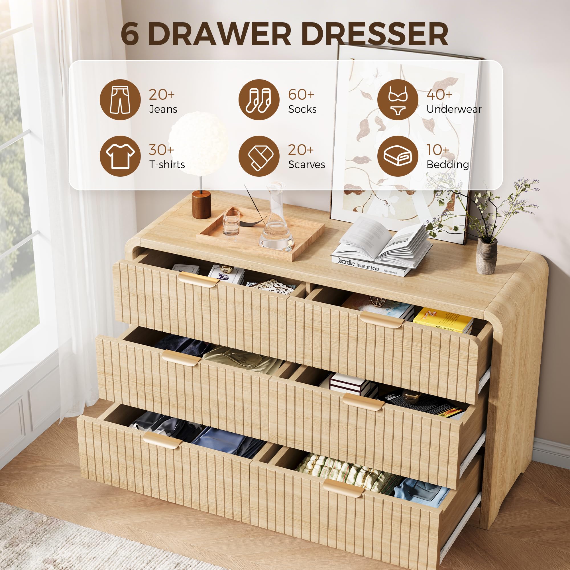 Modern 6 Drawer Dresser with Curved Fluted Design