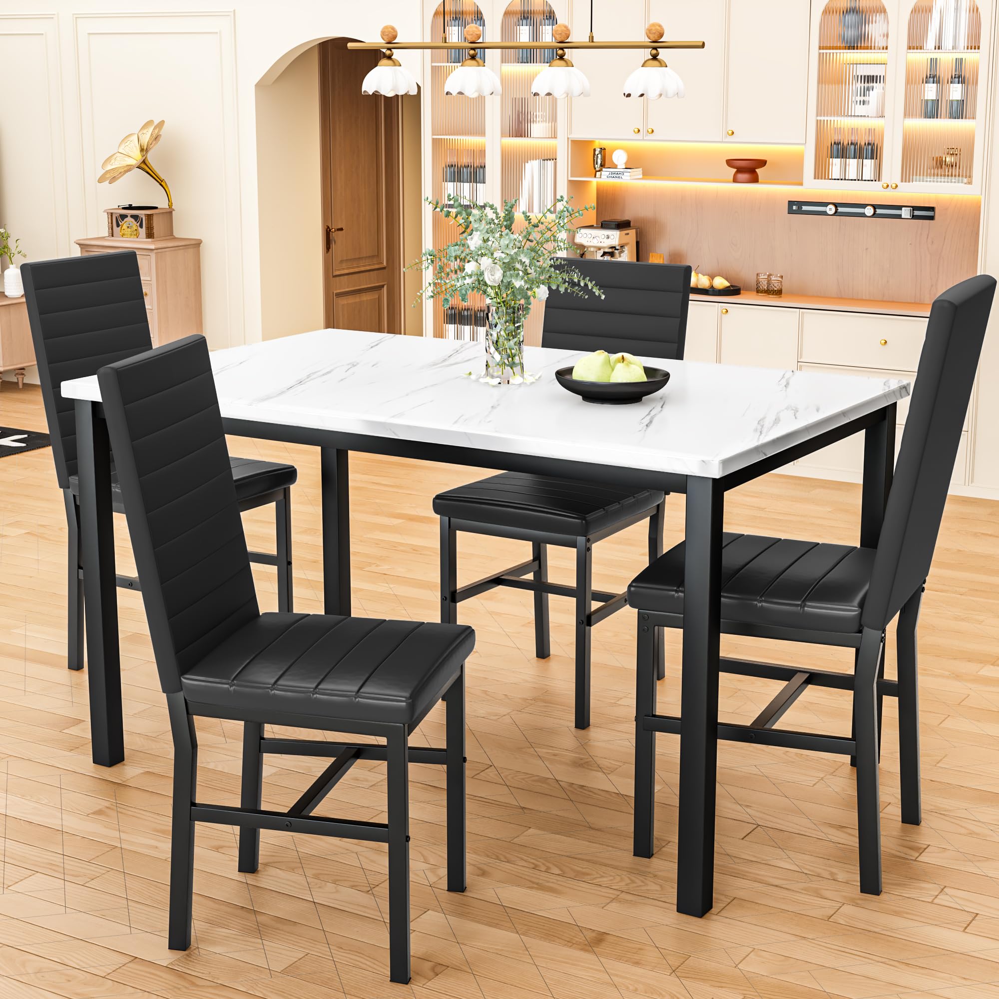 5-Piece Faux Marble Dining Table Set with 4 Upholstered Chairs