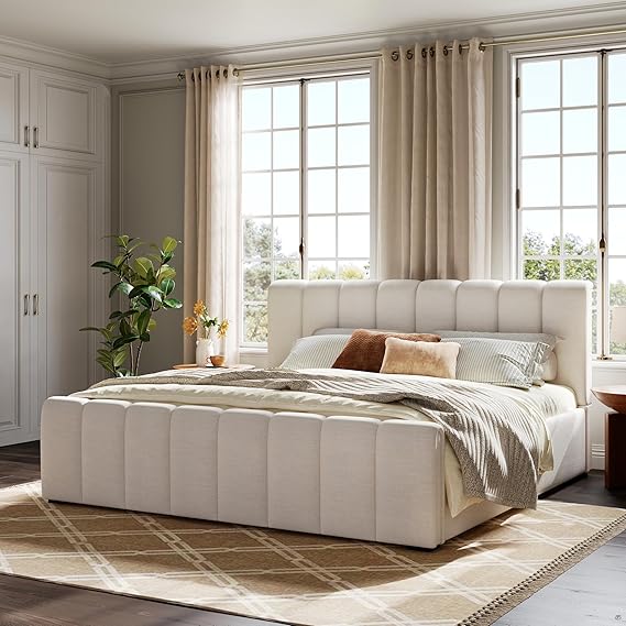King Size Boucle Platform Bed with Thick Headboard
