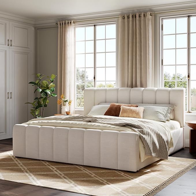 King Size Boucle Platform Bed with Thick Headboard