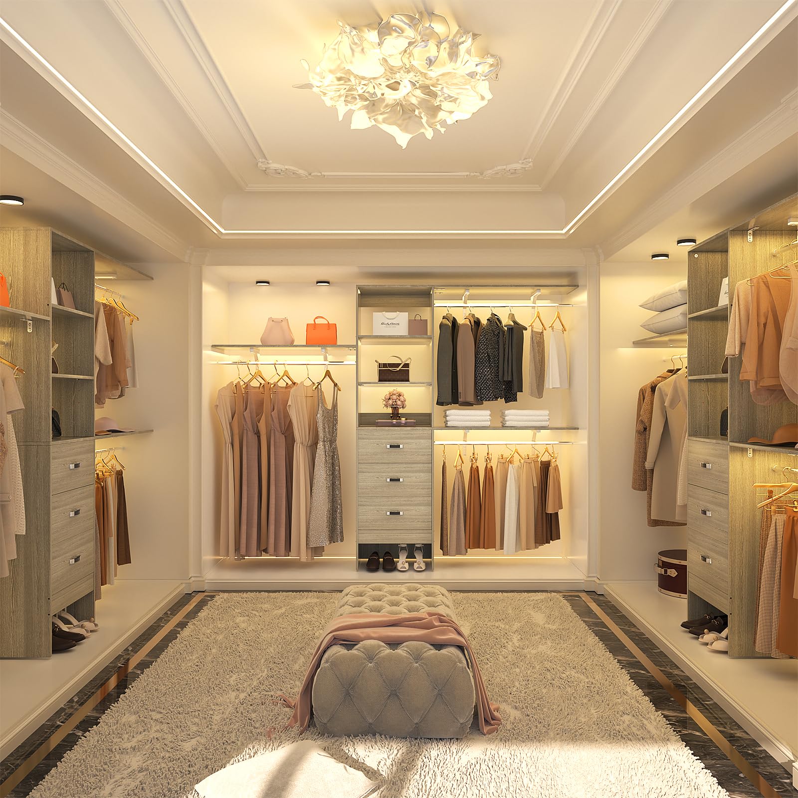 96 Inch Walk-In Closet Organizer System with 3 Shelving Towers and Drawers