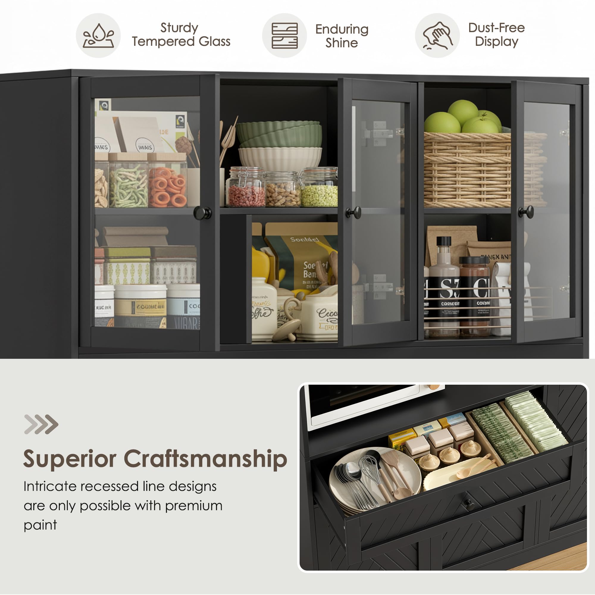 72" Tall Kitchen Pantry Storage Cabinet with Glass Doors