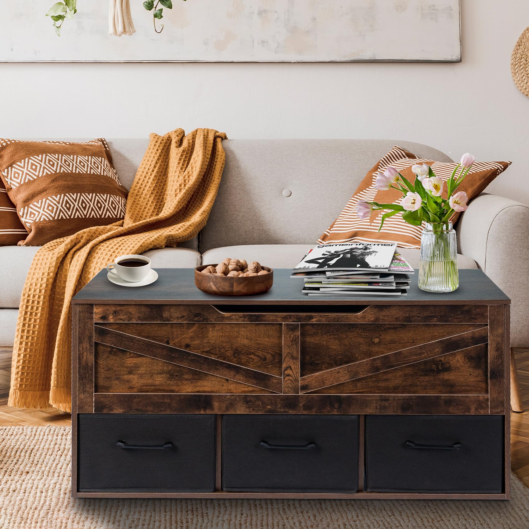 Storage Bench with 3 Drawers and Safety Hinges