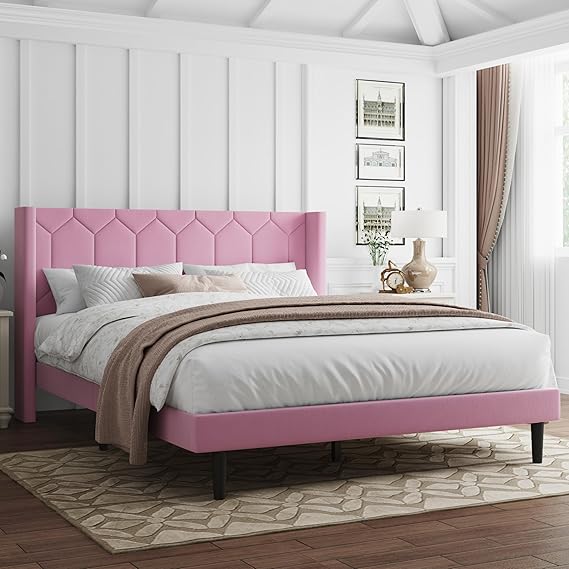 Pink Velvet Upholstered Full Bed Frame