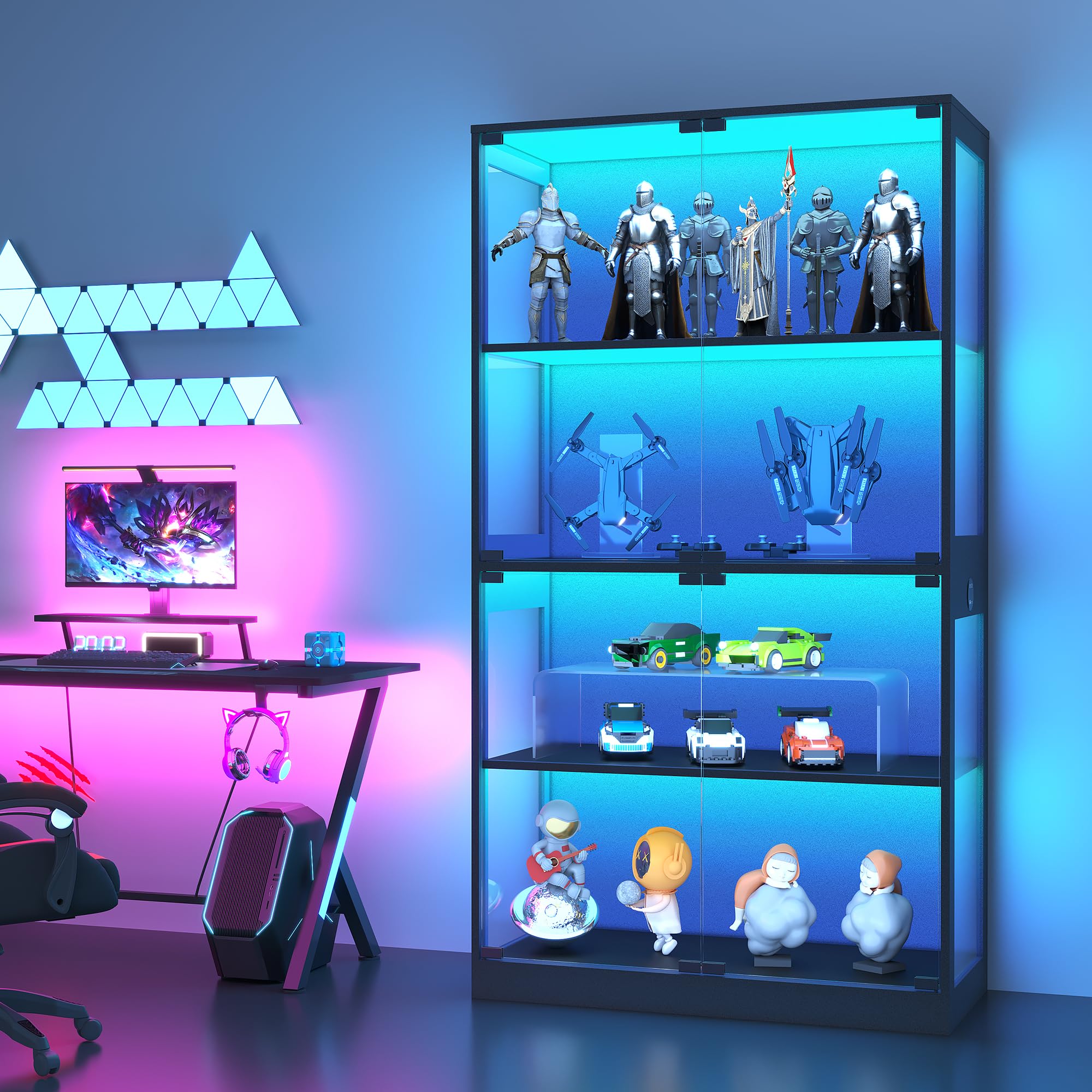 4-Tier Glass Display Cabinet with LED Lights, Human Sensor & Charging Ports