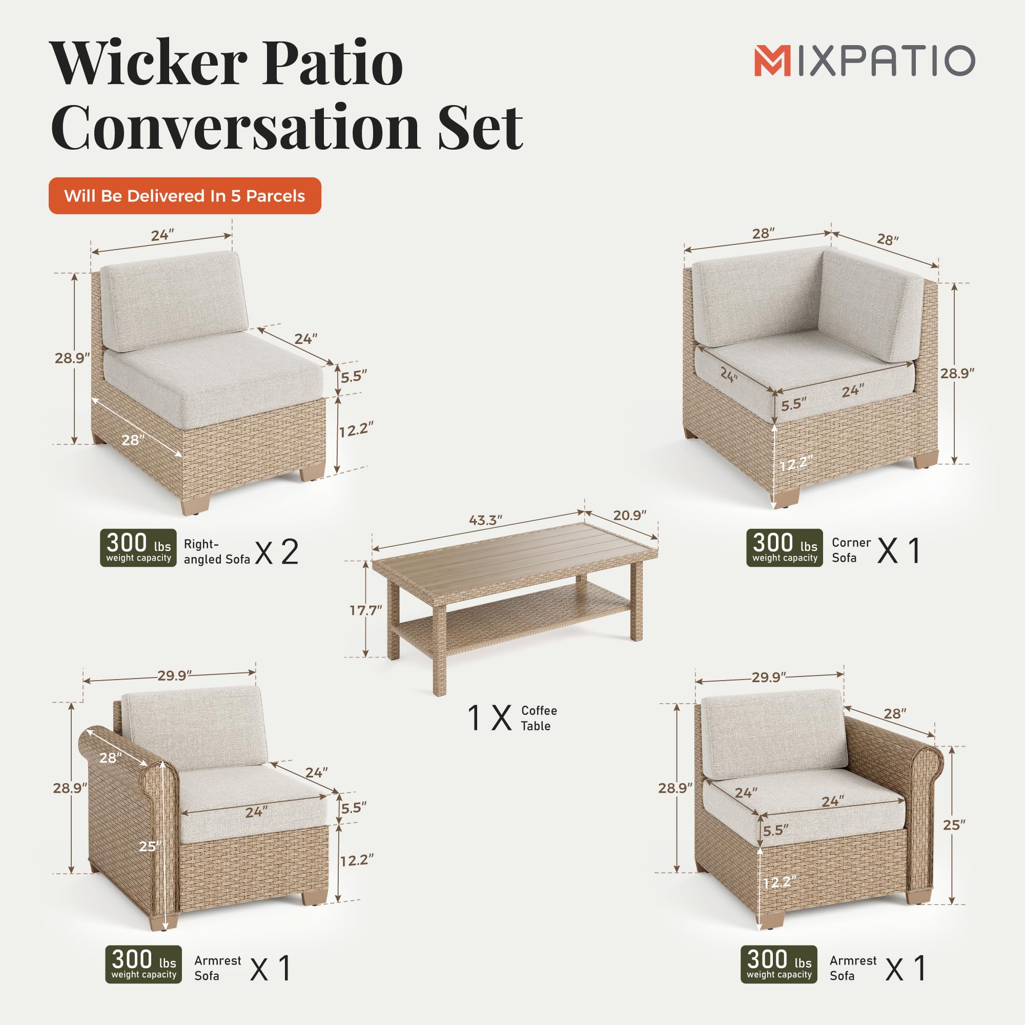 6 Piece Outdoor Rattan Wicker Sectional Conversation Set with Coffee Table