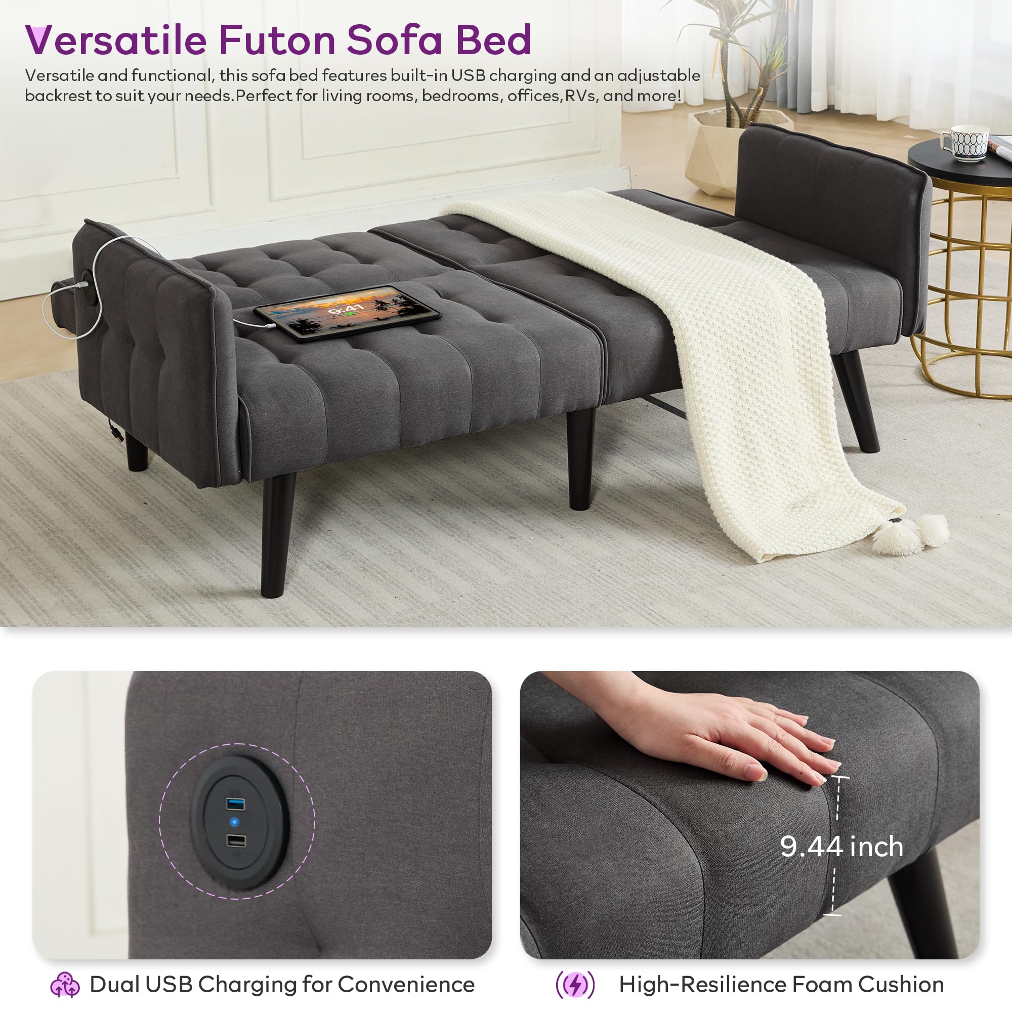 65" Convertible Futon Sofa Bed with USB Ports