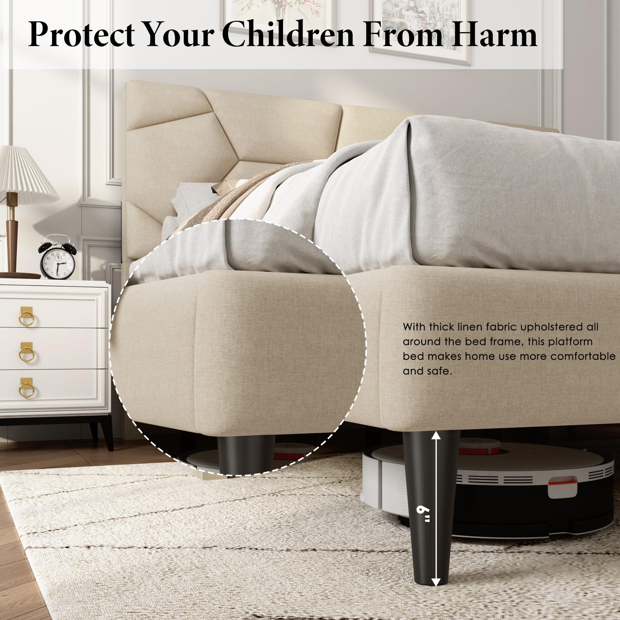 Queen Size Upholstered Platform Bed Frame with Wooden Slats