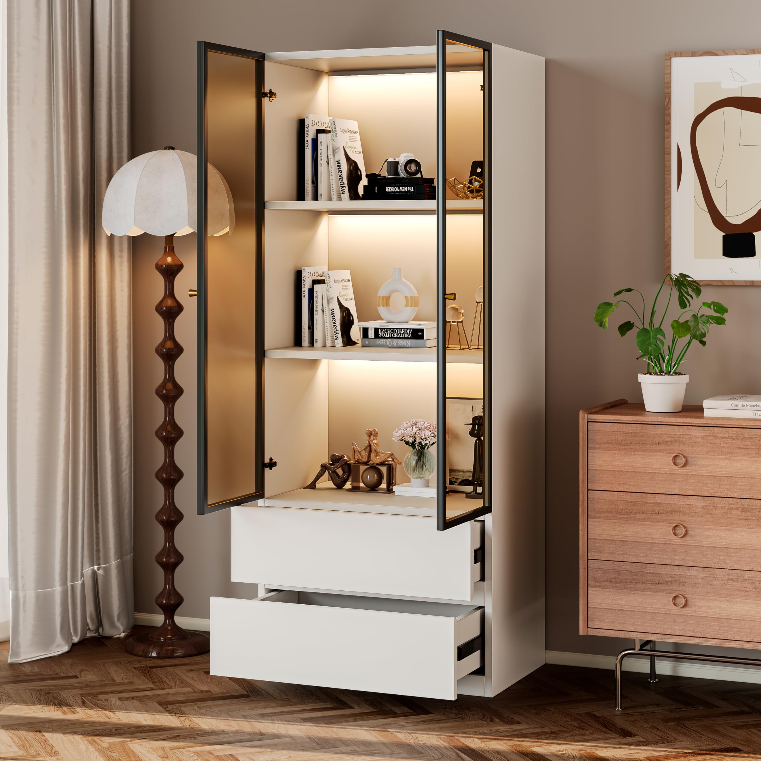 Modern White Lighted Glass Display Cabinet with Two Drawers