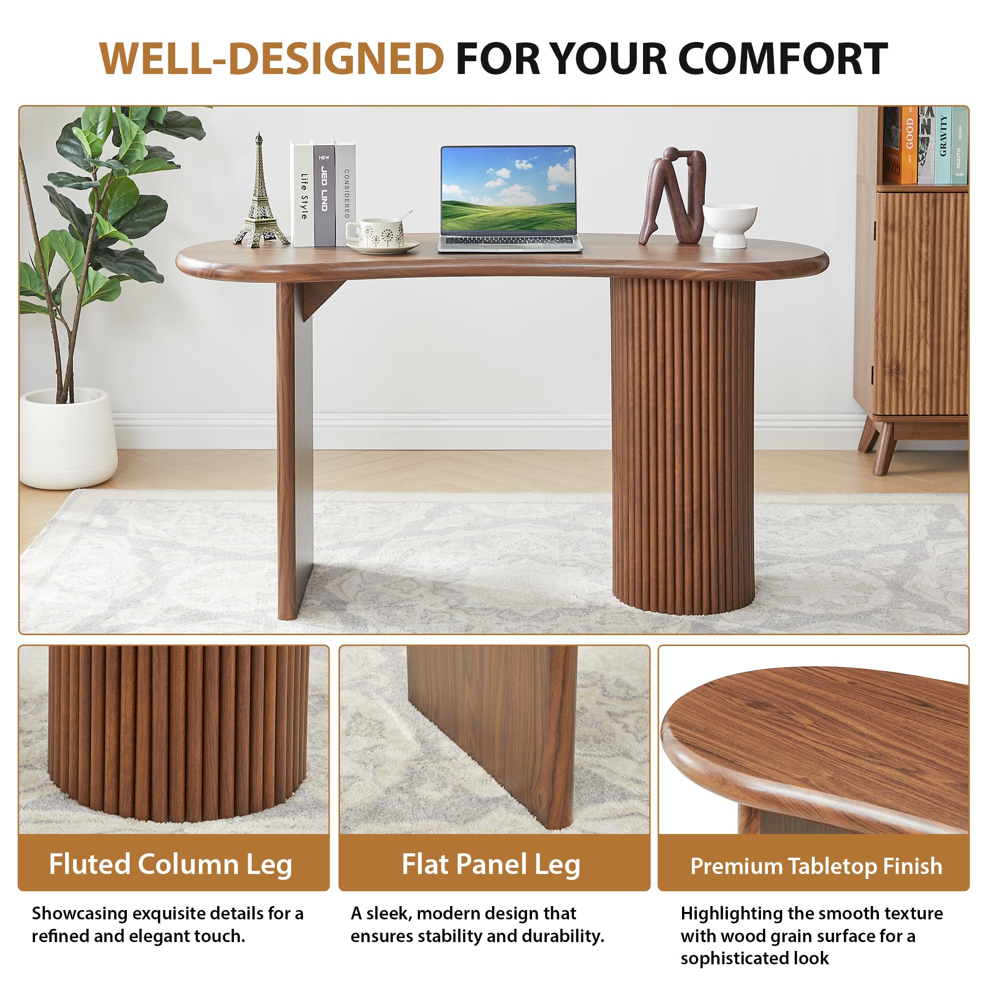 Curved Wooden Computer Desk with Fluted Legs