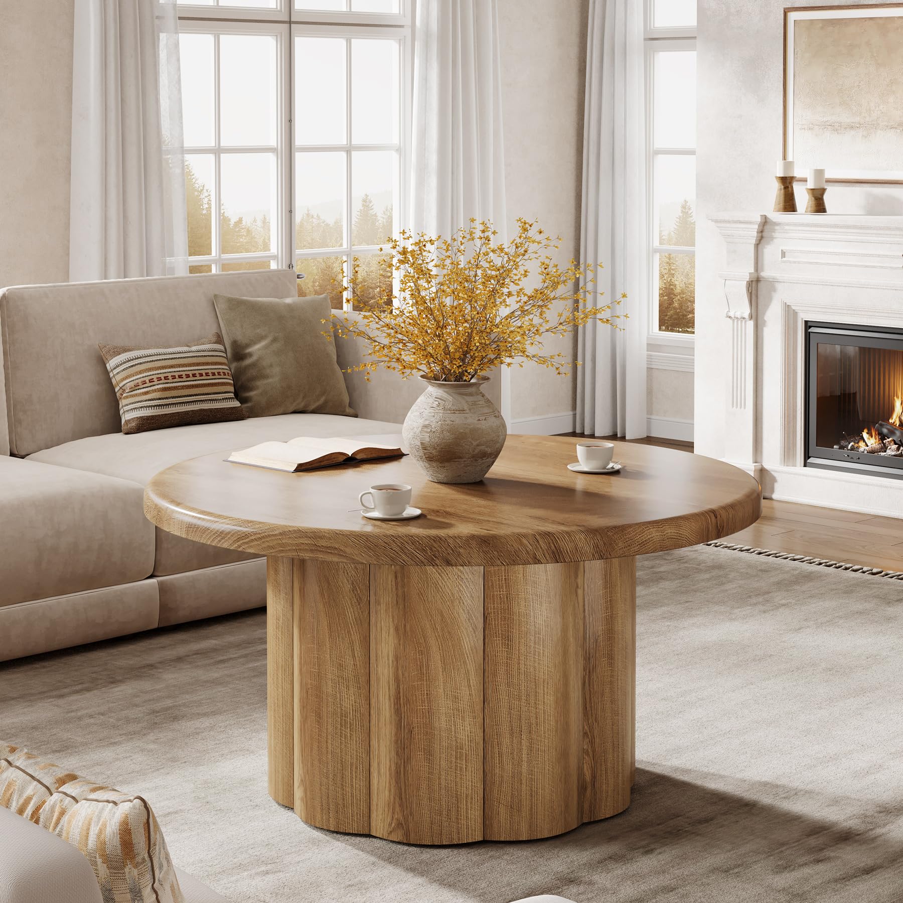 Round Coffee Table with Fluted Drum Base