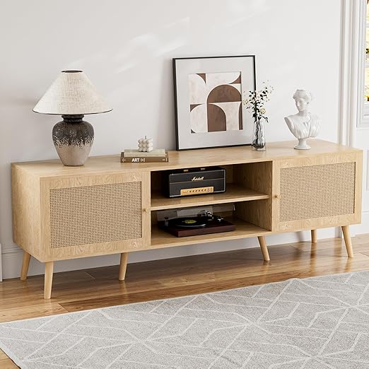 65 Inch TV Stand with Rattan Doors and Storage Cabinets