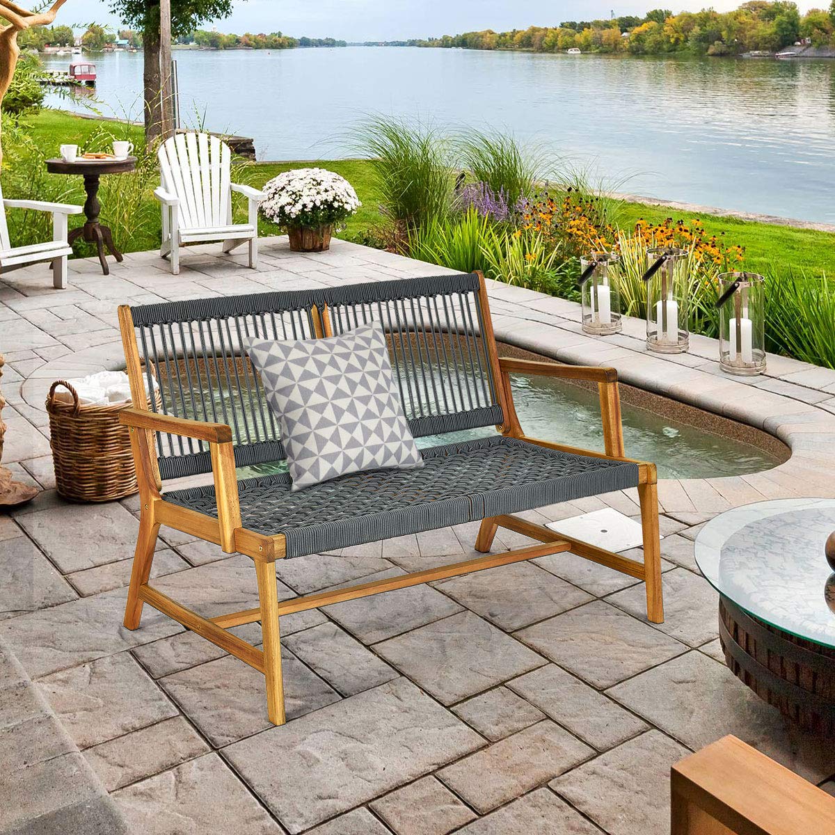 2 Person Acacia Wood Patio Bench Loveseat with Rope Design