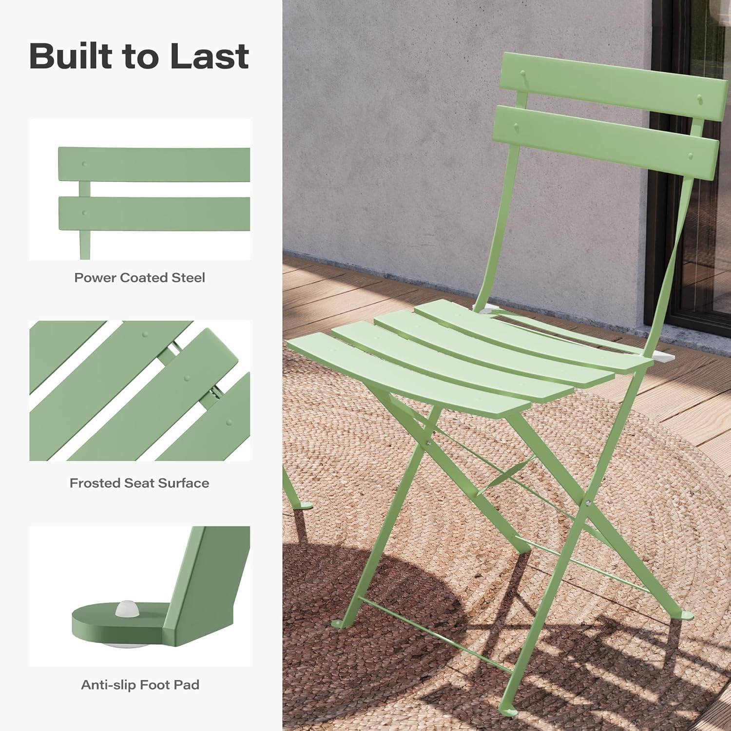 LAUSAINT HOME 3-Piece Steel Folding Bistro Set, Premium Weather-Resistant Patio Table & 2 Chairs for Balcony, Garden, Yard, Poolside & Indoor (Square, Green)