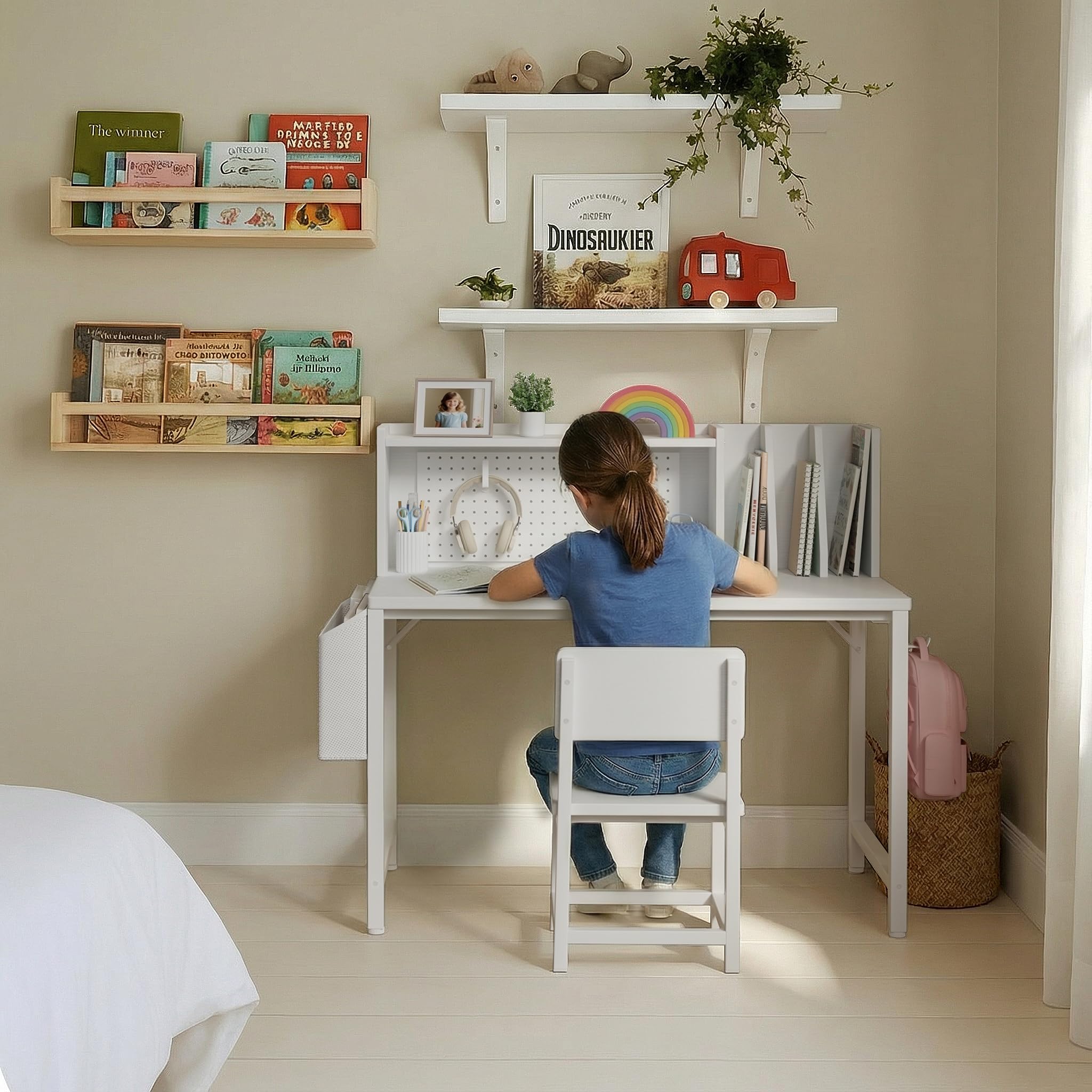 Kids Desk and Chair Set with Hutch and Pegboard
