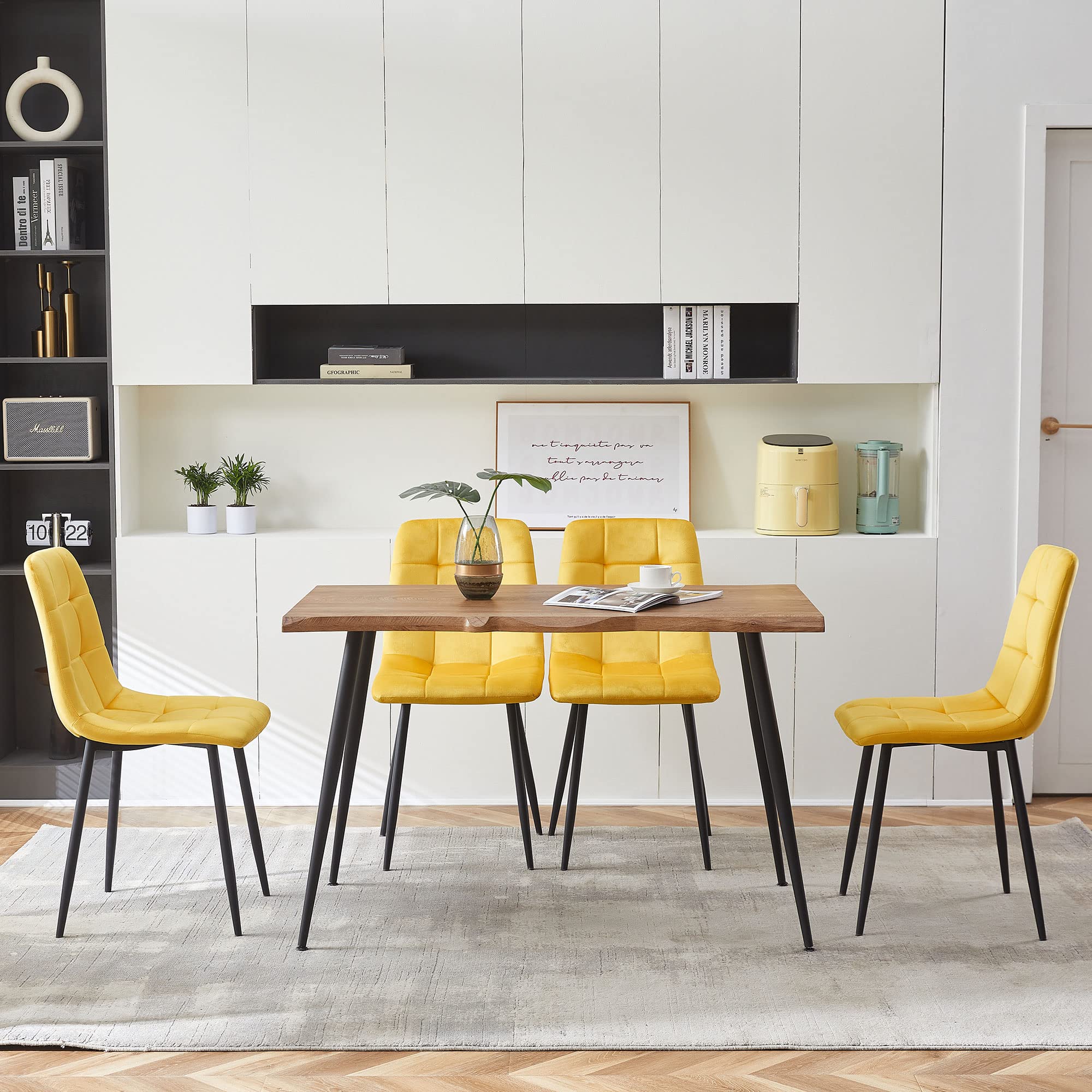 5-Piece Dining Table Set with Yellow Velvet Chairs
