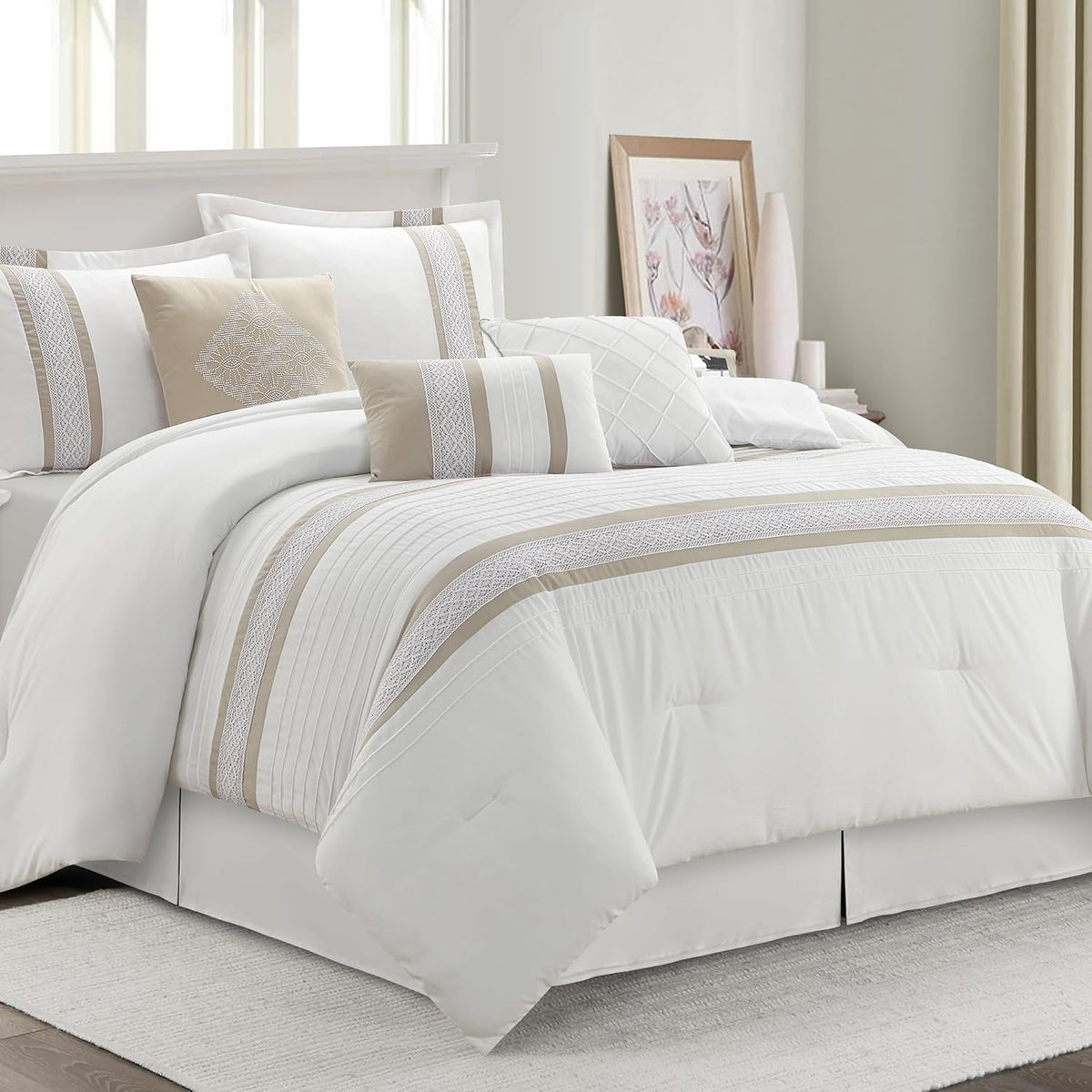 7 Piece Comforter Set - Pink White King Size Boho Geometric