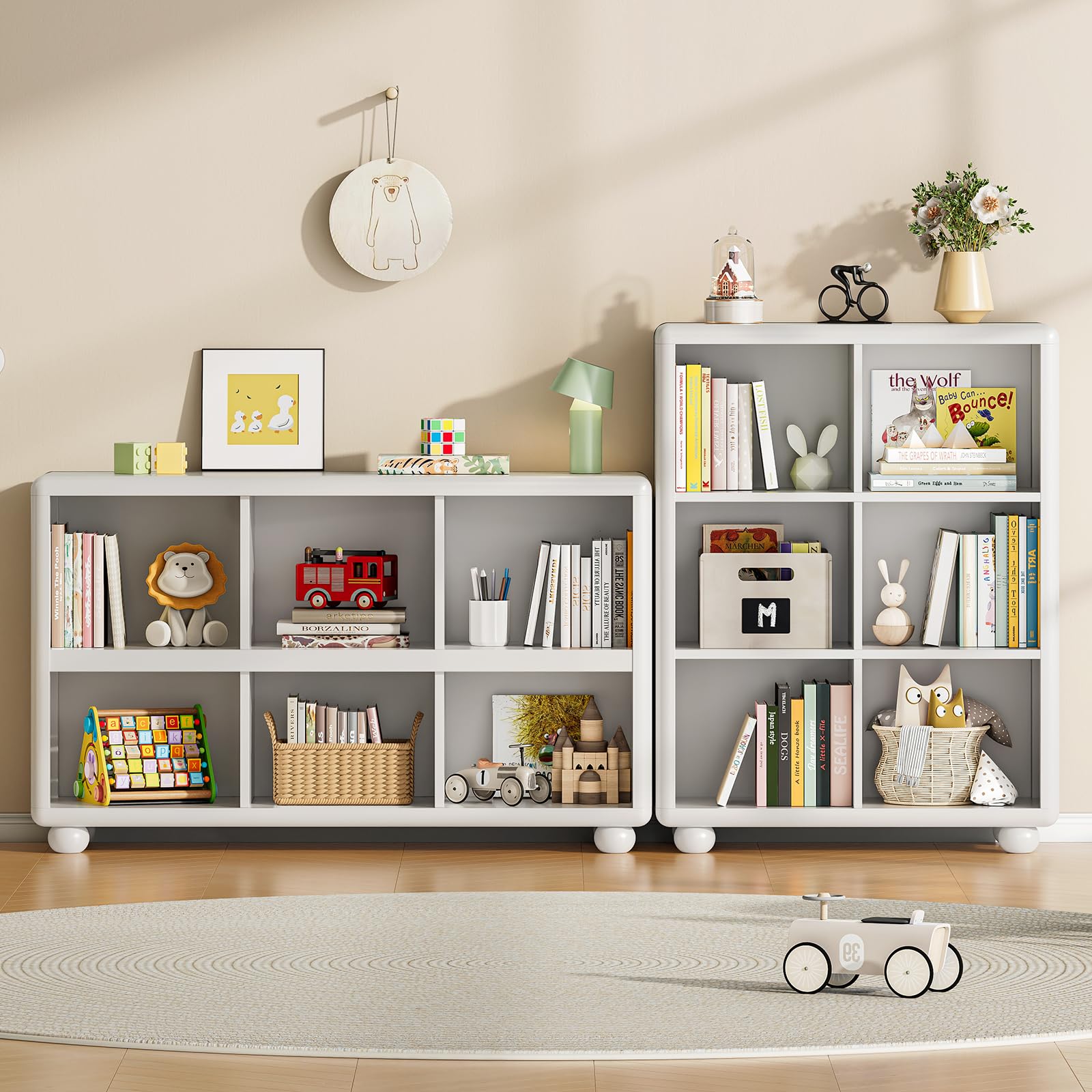 ONBRILL Wooden Bookcase with 6 Cube Storage, Kids Bookshelf with Sphere Foot, Sturdy Toy Storage Organizer, Safe Rounded Corners Bookcase for Living Room, Playroom, Nursery (White)