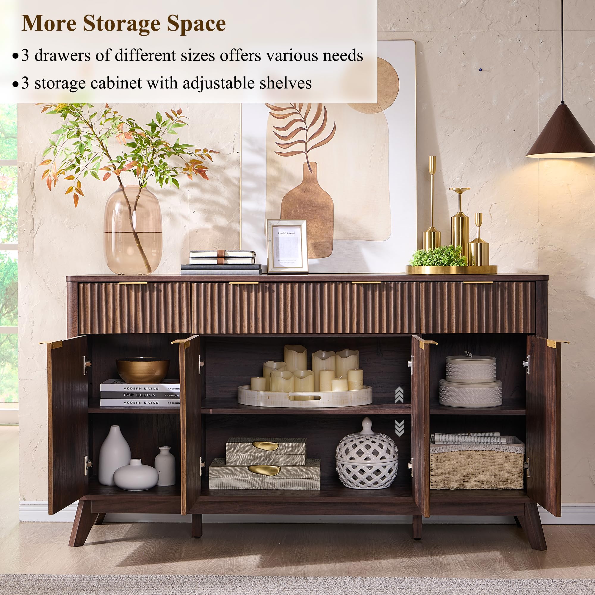 60" Fluted Buffet Sideboard Cabinet with 3 Drawers and 4 Doors