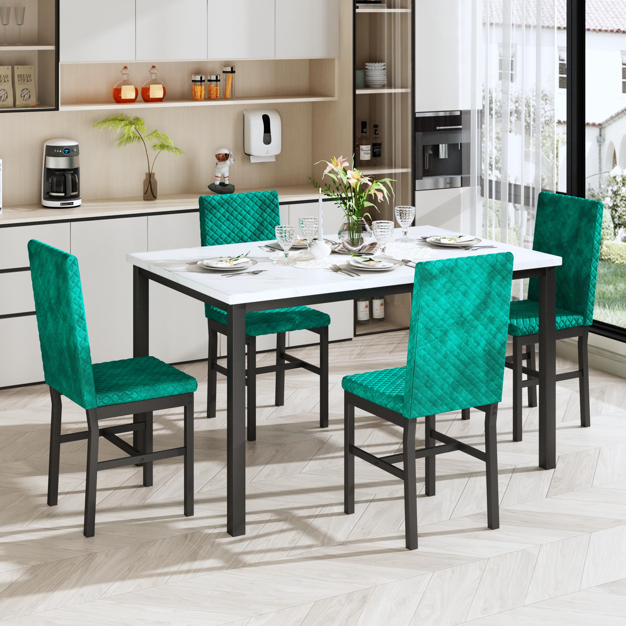 5-Piece Dining Table Set with Faux Marble Top and Velvet Chairs