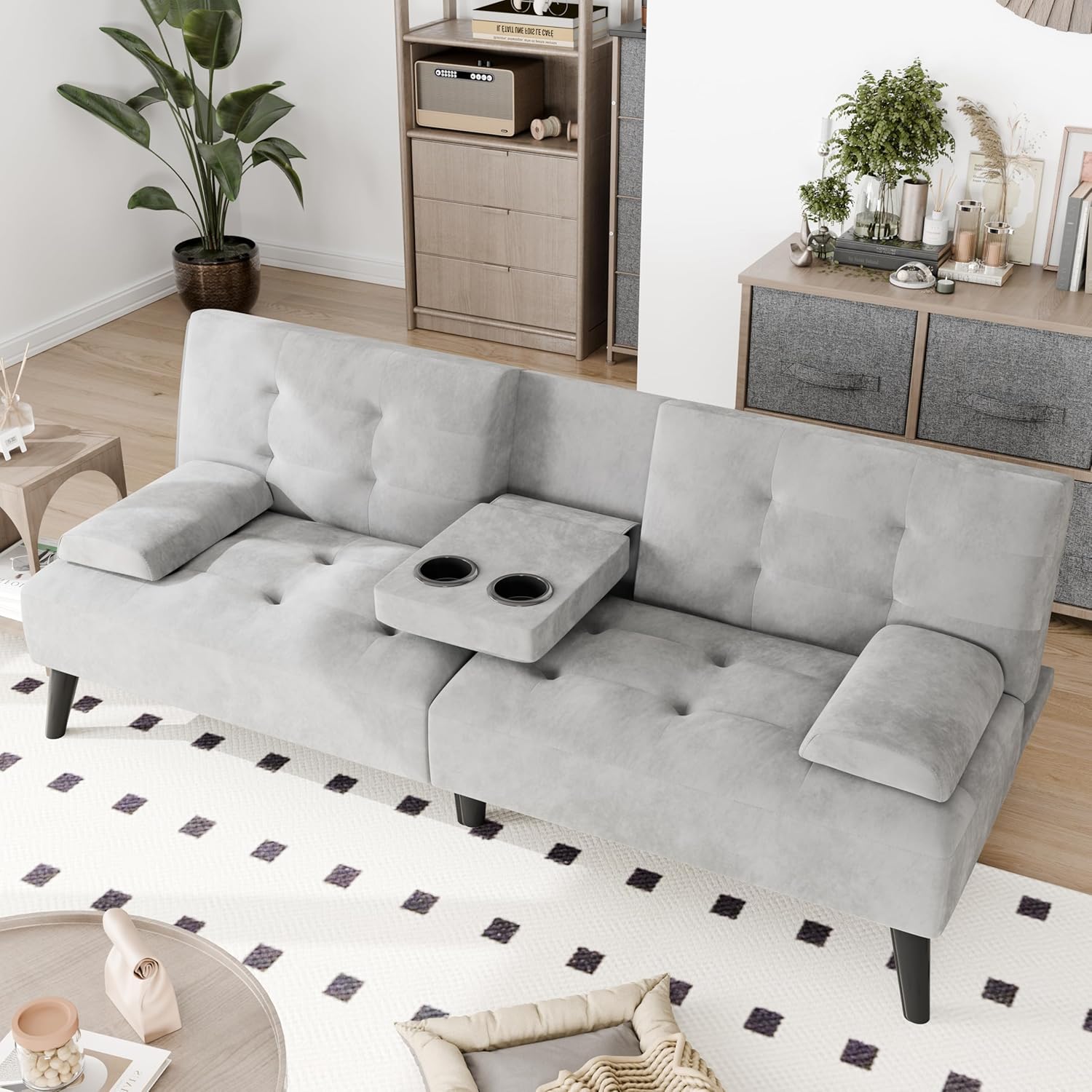 Pink Velvet Convertible Futon Sofa Bed with Cup Holders