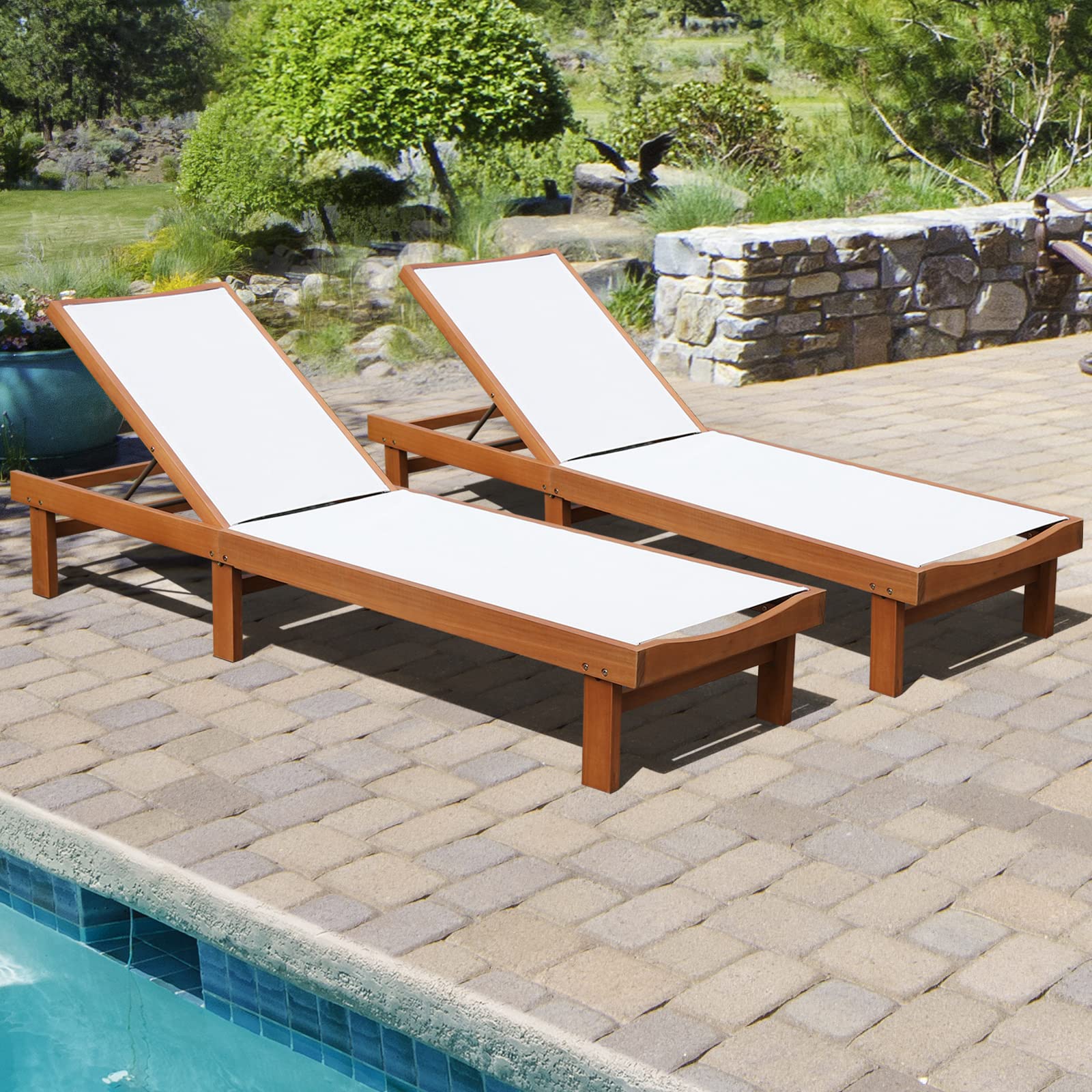 Set of 2 Patio Wood Chaise Lounge Chairs with 5-Position Adjustment