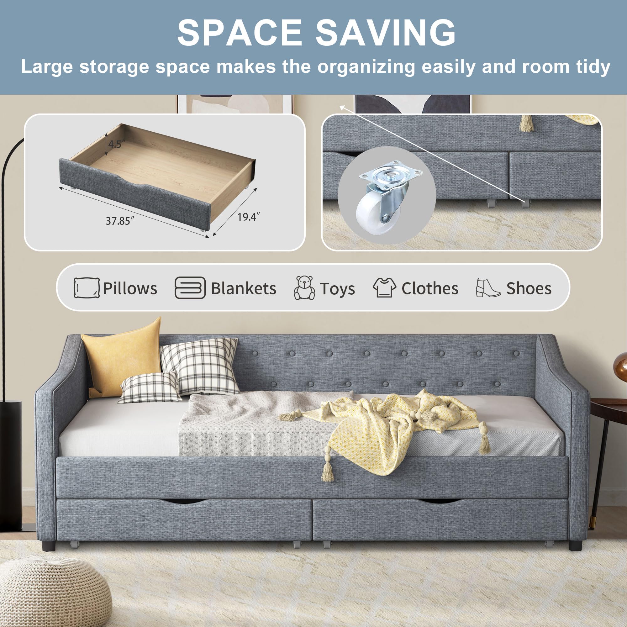 Twin Size Daybed with Two Drawers and Linen Upholstered Frame