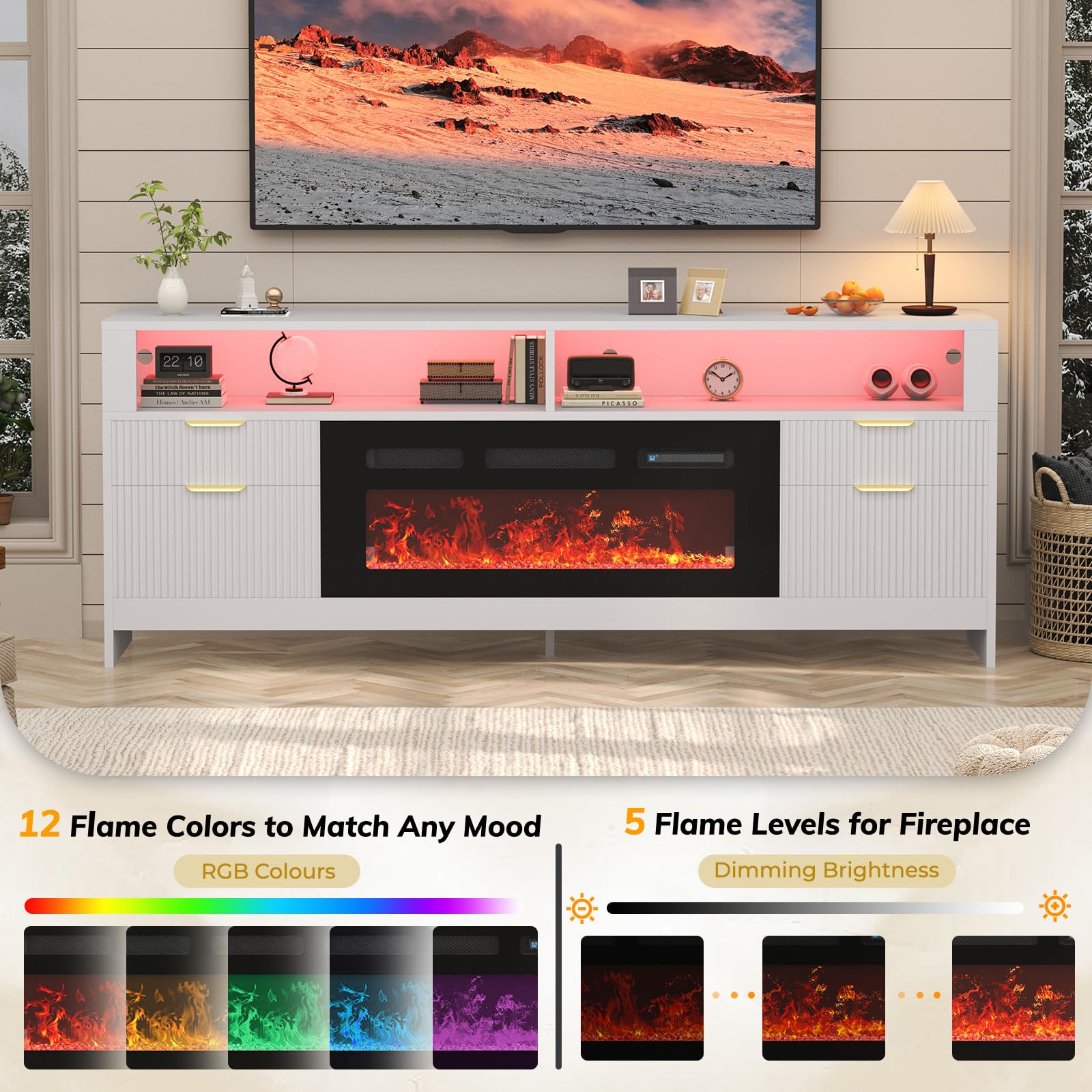 70" Electric Fireplace TV Stand with LED Lights