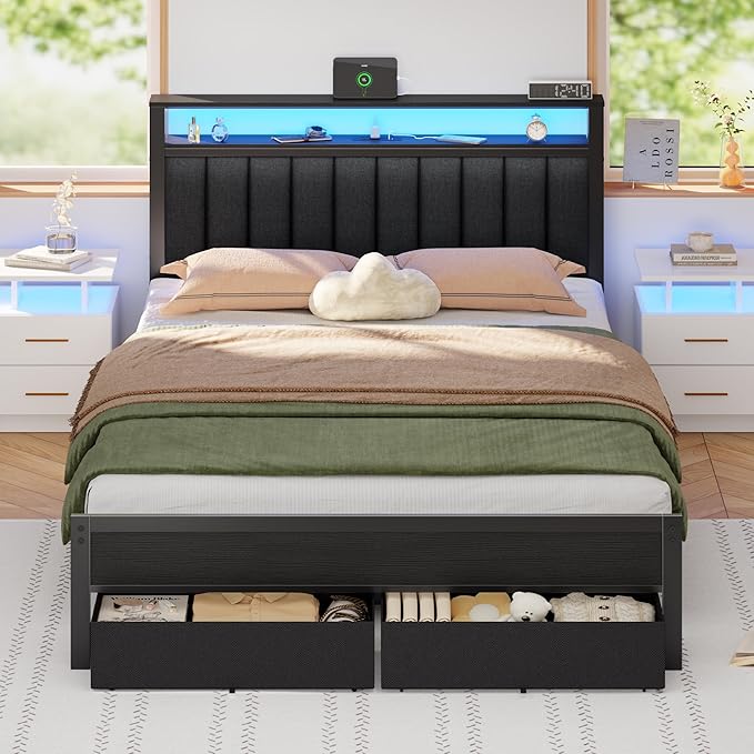 Full Size Bed Frame with Charging Station and LED Lights