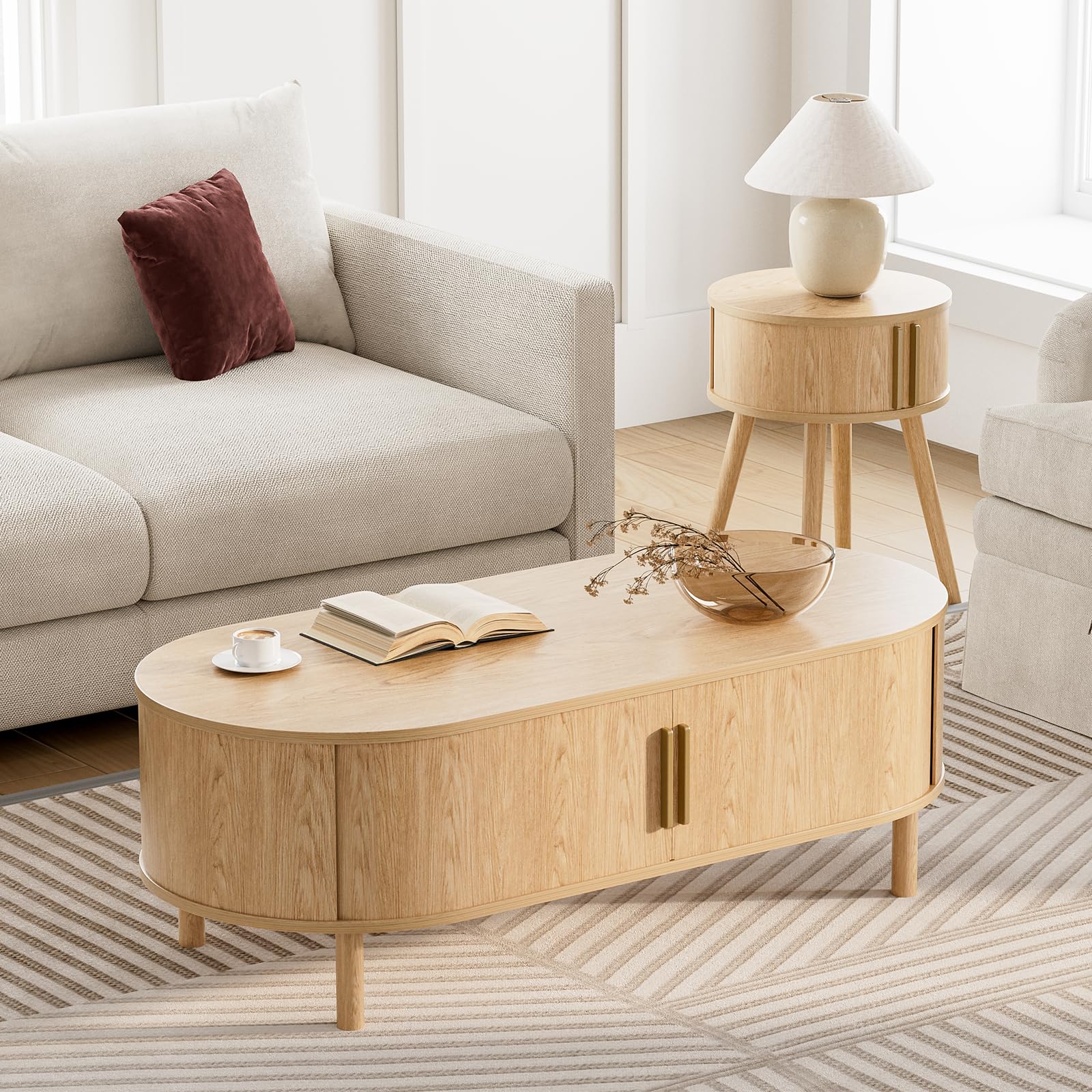 Oval Coffee Table with Sliding Door Cabinets
