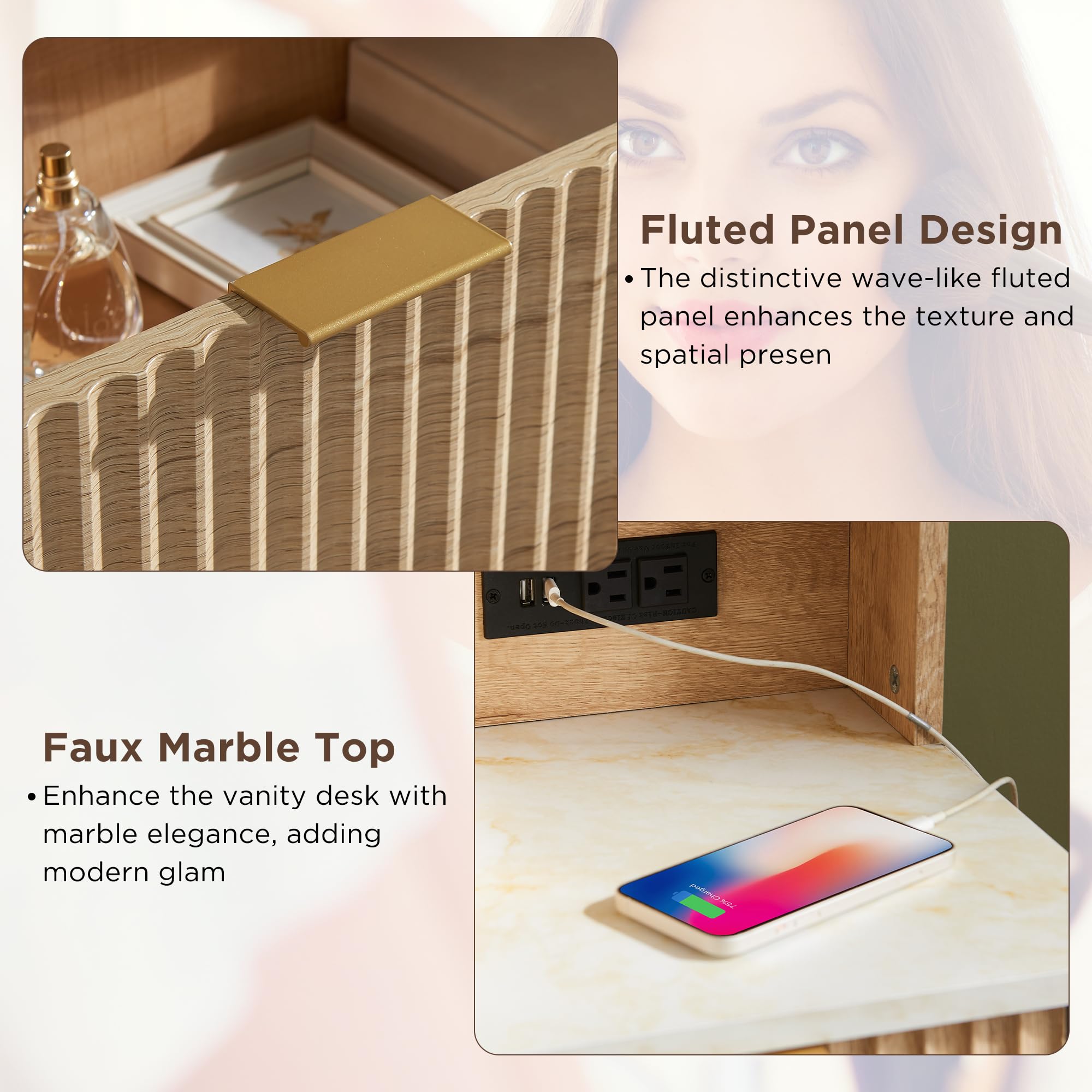 48 Inch Fluted Makeup Vanity Desk with Mirror and Lights