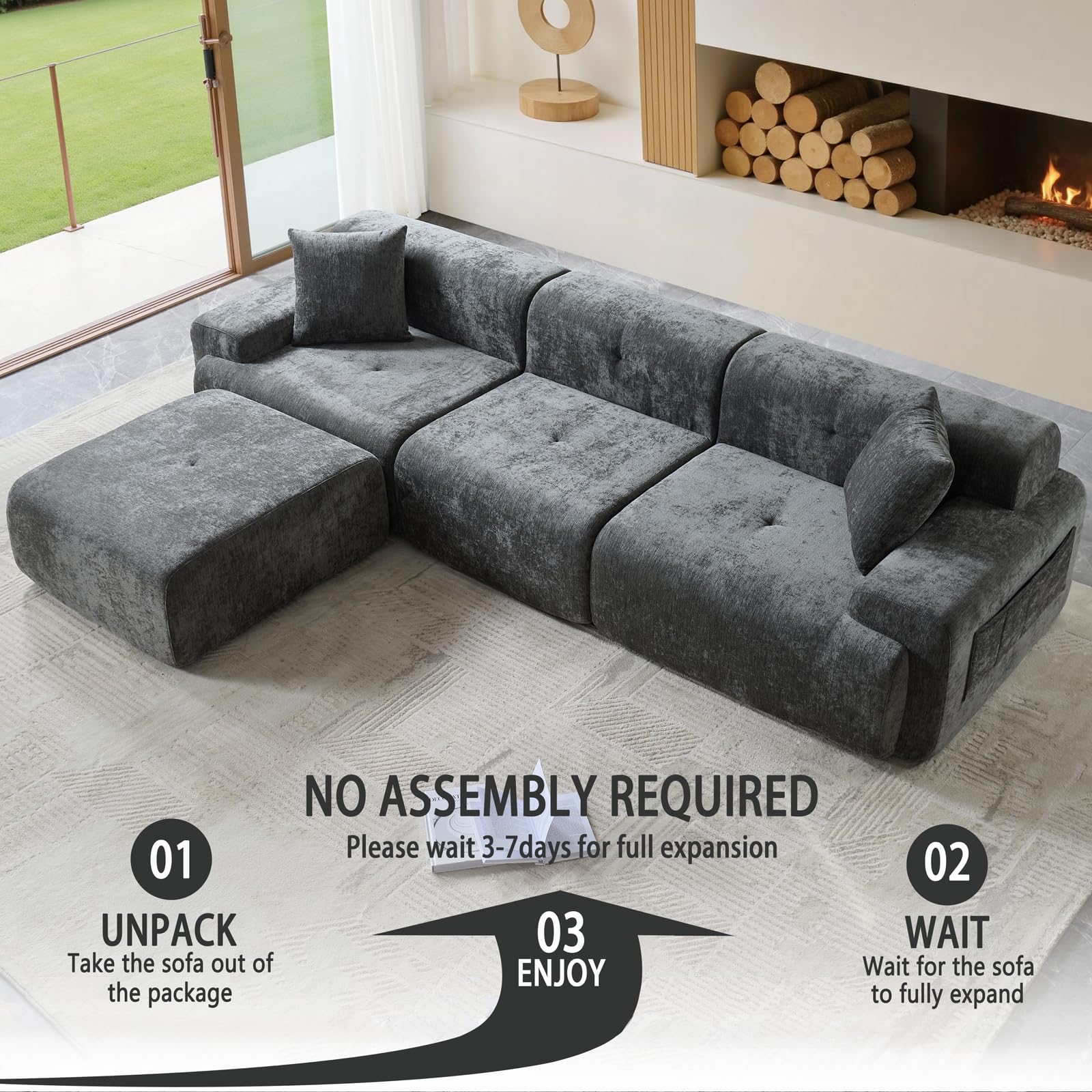 118" L-Shaped Modular Sectional Sofa with Deep Seat and Ottoman